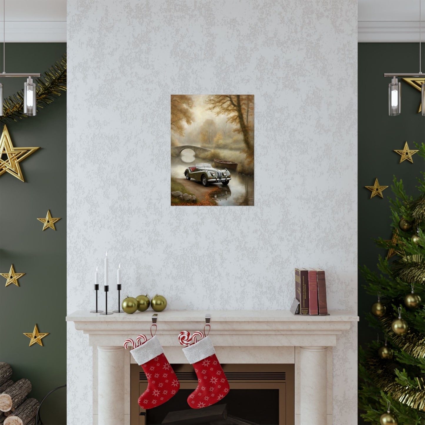 Vintage Car Landscape Poster displayed above a fireplace in a cozy holiday setting