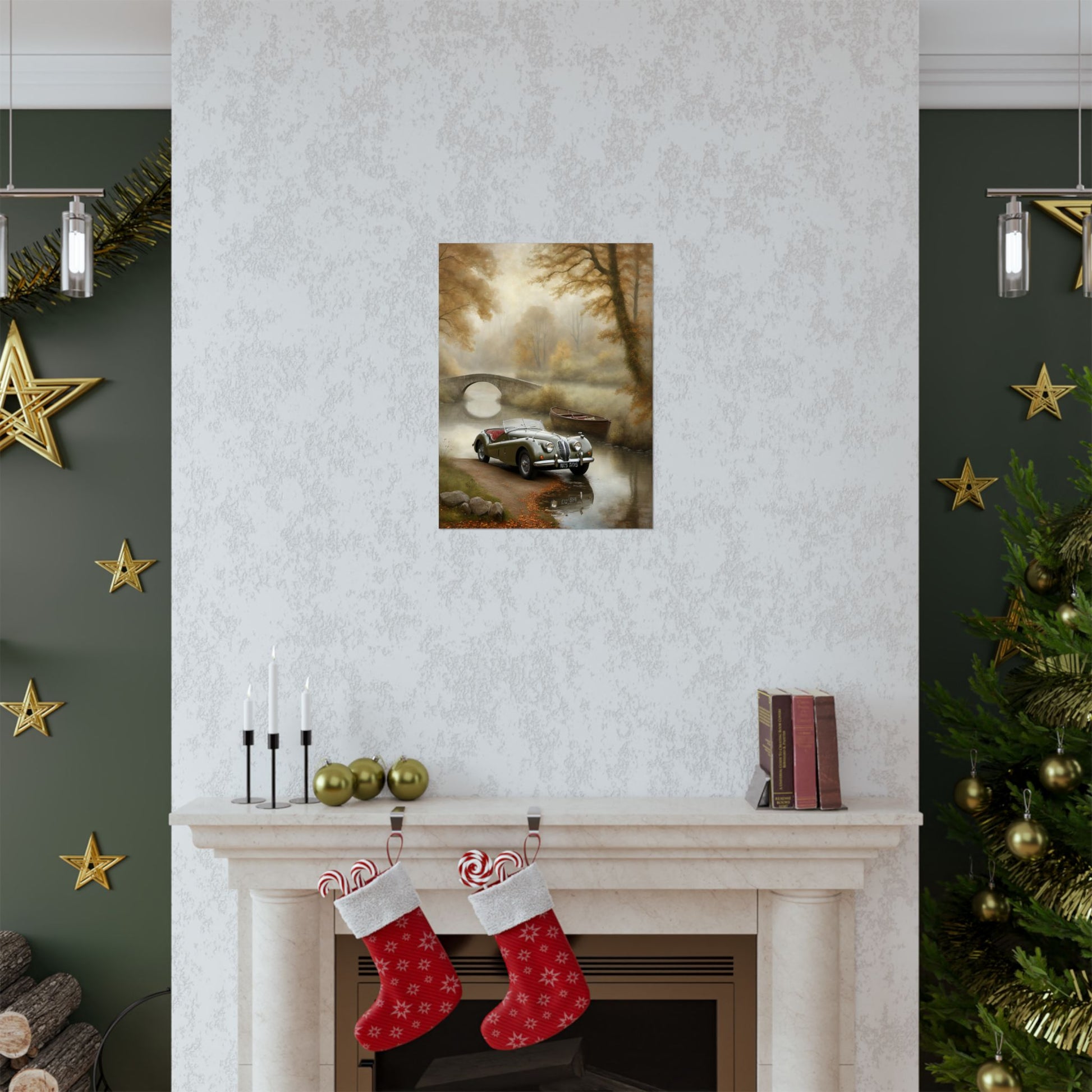 Vintage Car Landscape Poster displayed above a fireplace in a cozy holiday setting