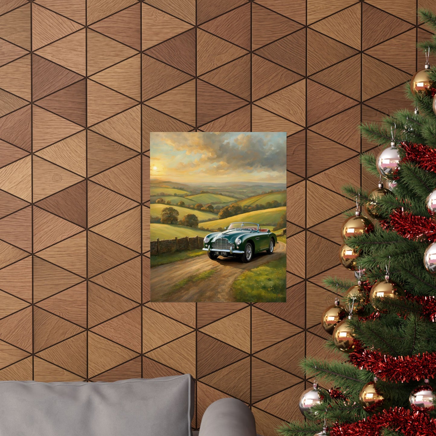 Vintage Car Landscape Poster featuring a classic car on a scenic countryside road