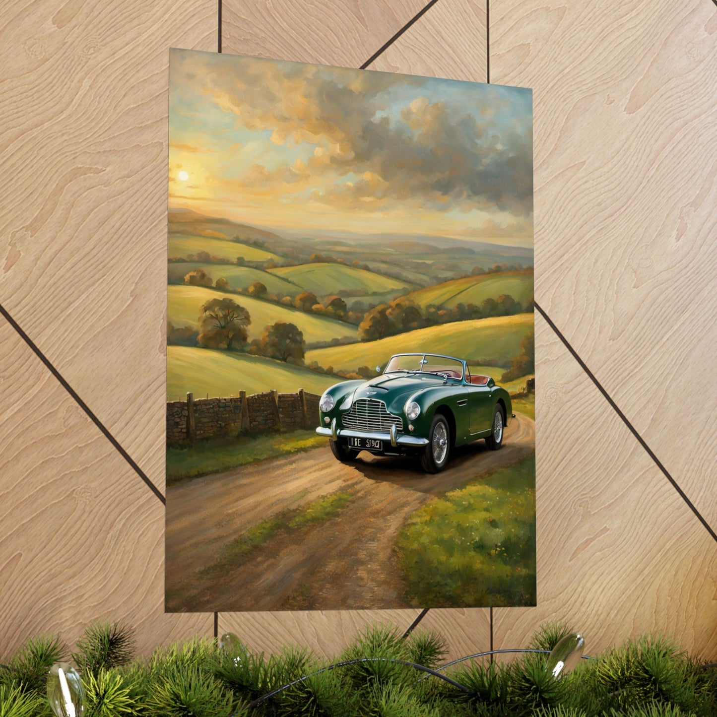 Vintage Car Landscape Poster featuring a old car on a scenic countryside road at sunset