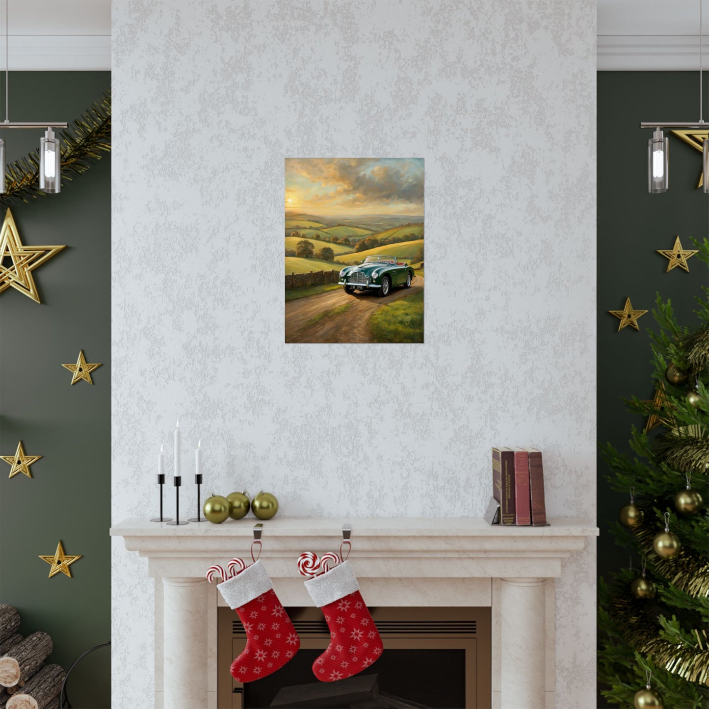 Vintage Car Landscape Poster featuring a classic car on a scenic road with a vibrant sunset