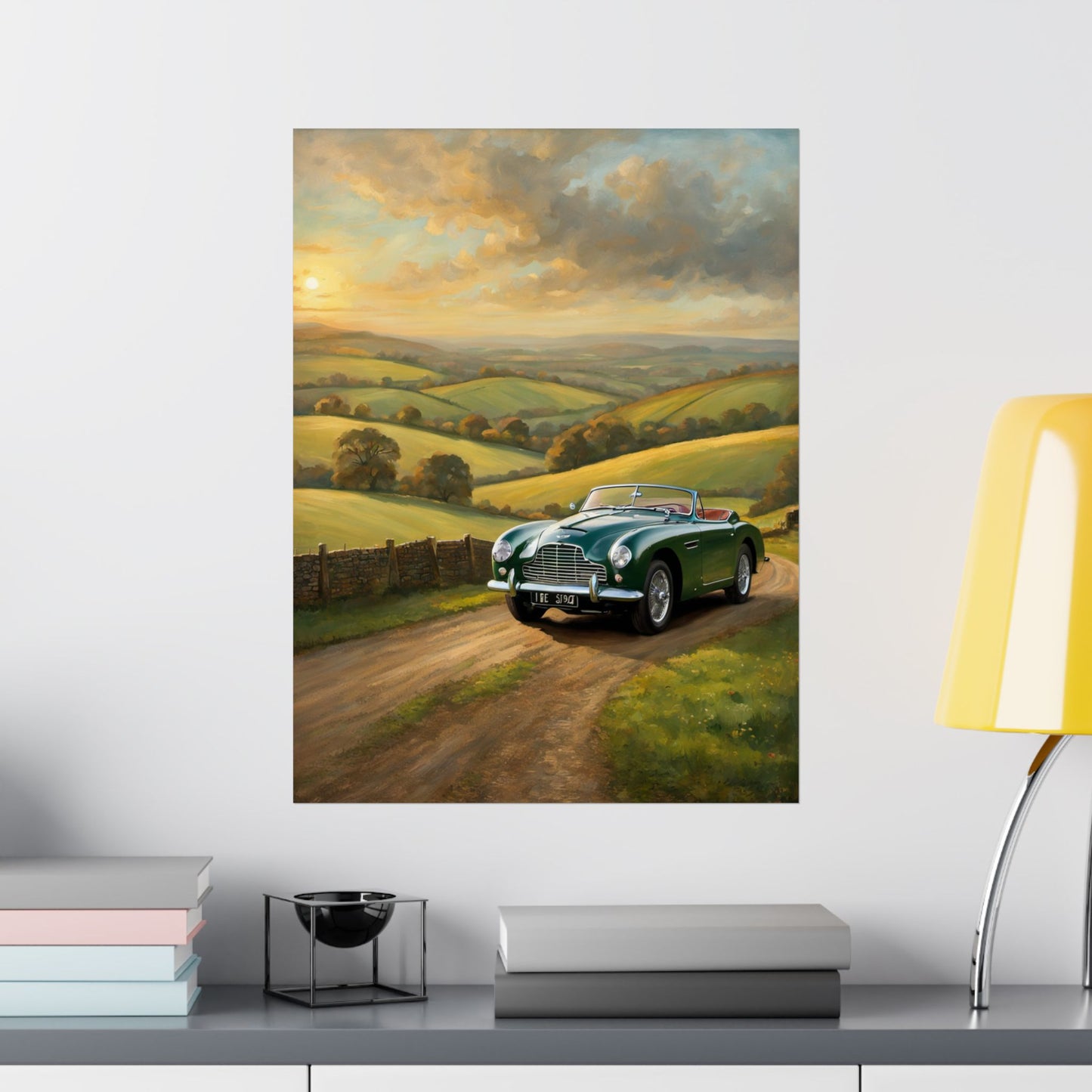 Vintage Car Landscape Poster featuring a green car on a scenic country road with hills and clouds