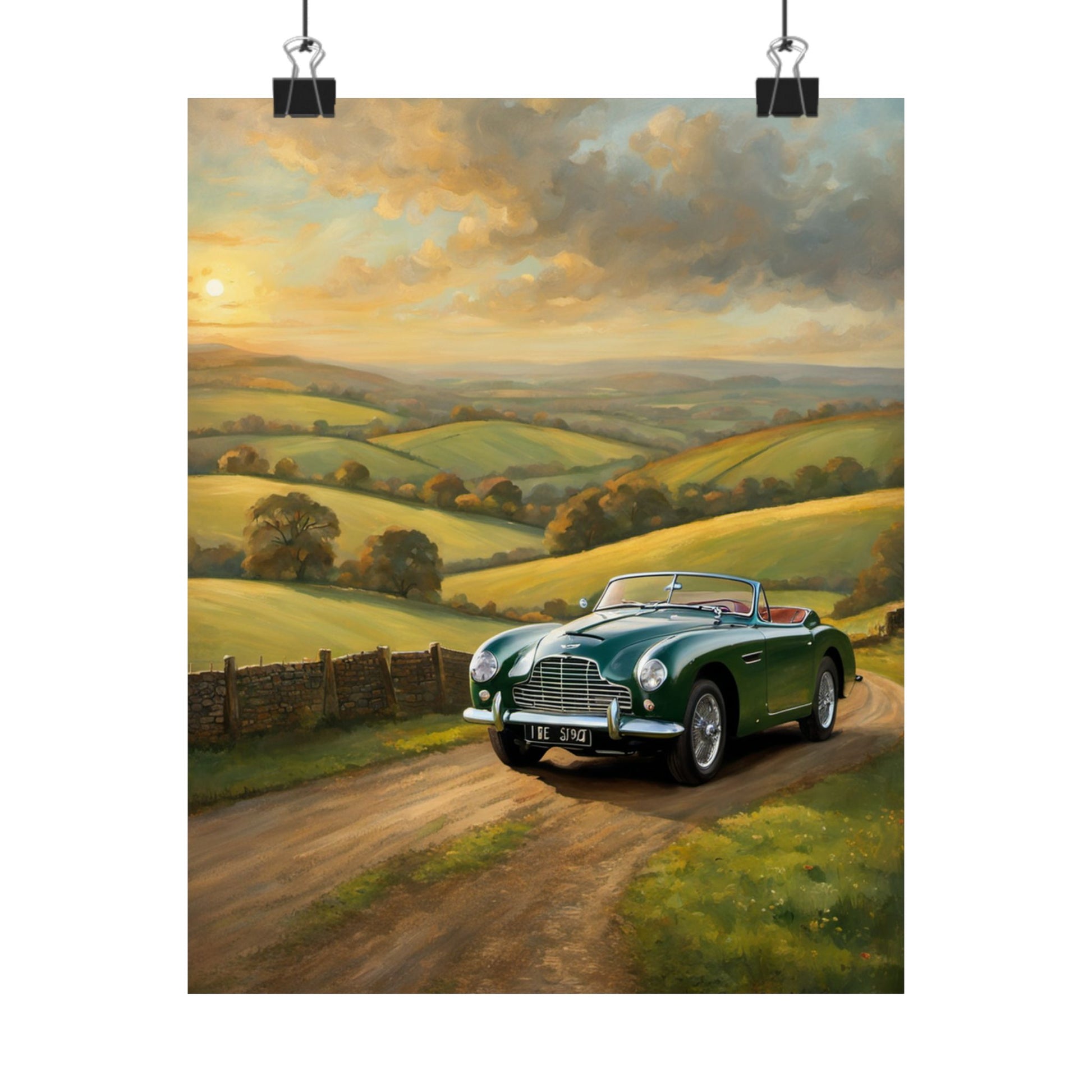 Vintage Car Landscape Poster featuring a nostalgic green car on a scenic country road