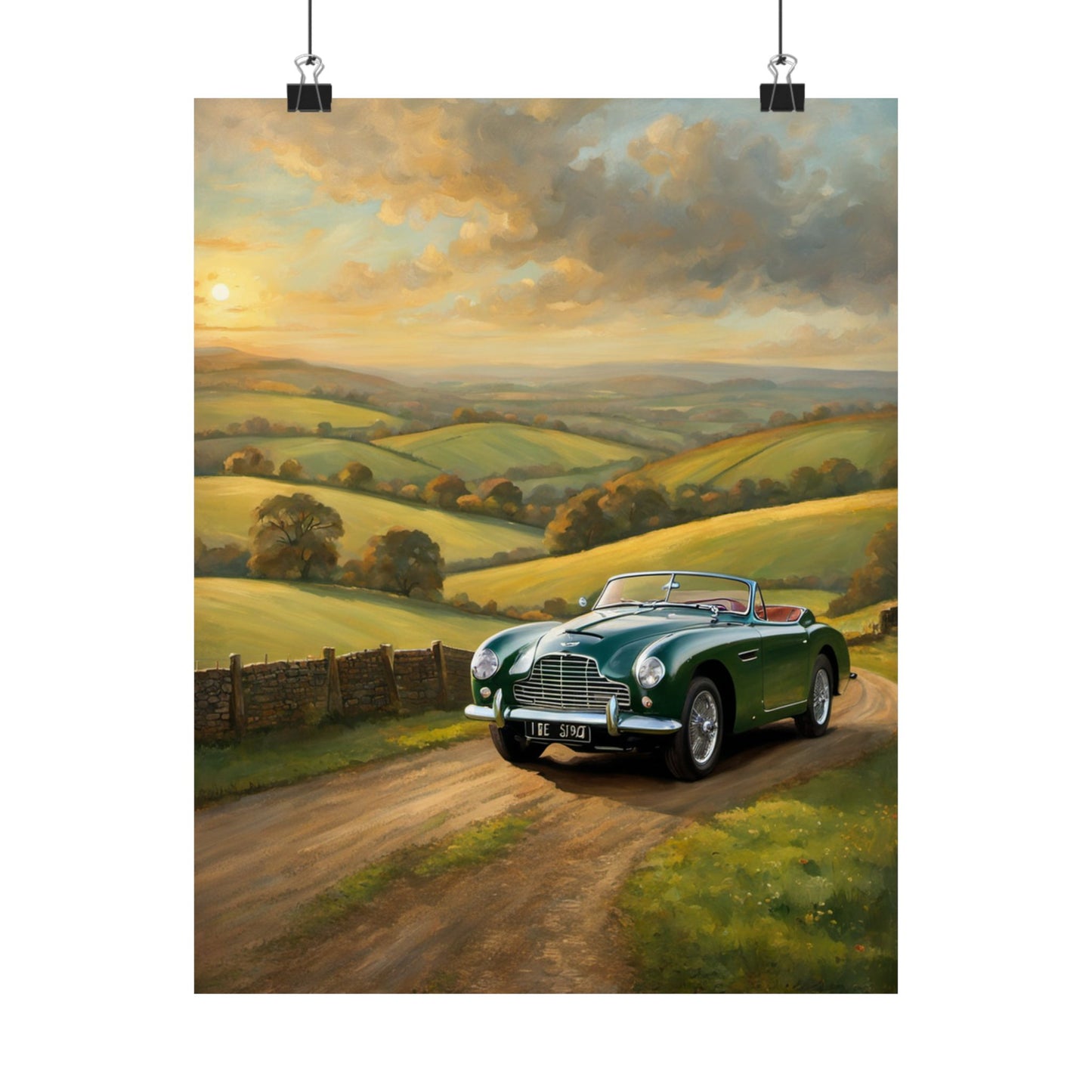 Vintage Car Landscape Poster featuring a classic green car on a scenic countryside road