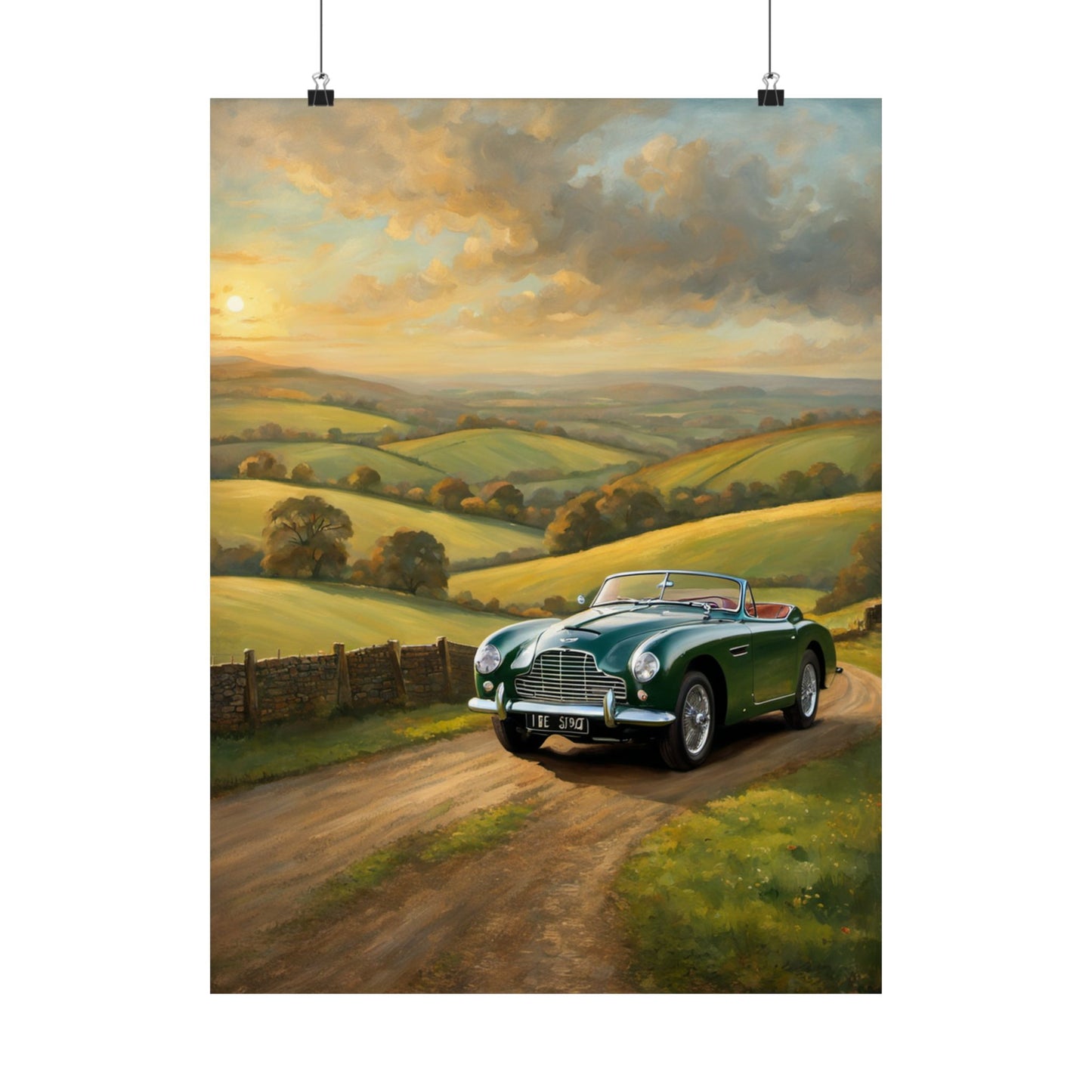 Vintage Car Landscape Poster featuring a retro green car on a scenic countryside road