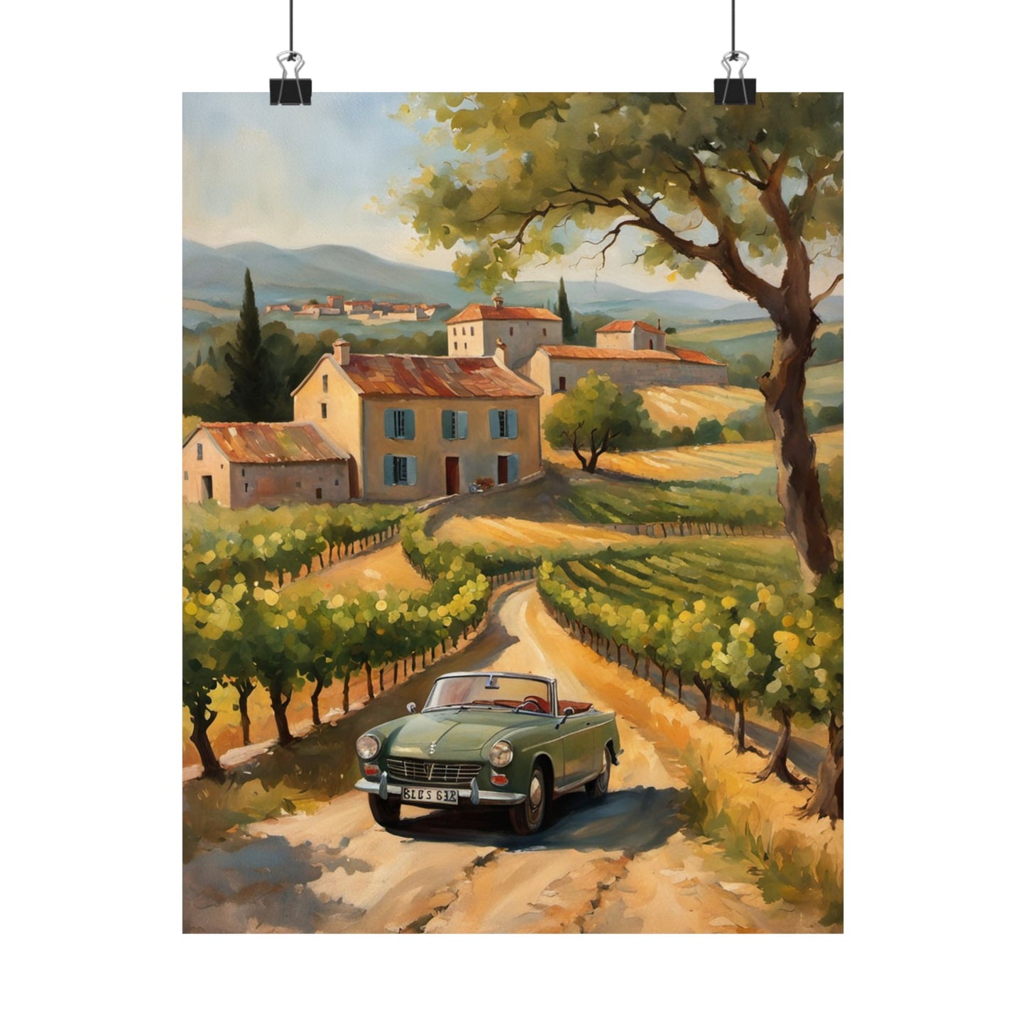 Vintage Car Landscape Poster featuring a classic car driving through scenic vineyards and countryside