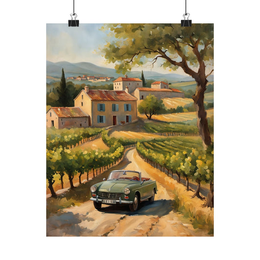 Vintage Car Landscape Poster featuring a classic car driving through scenic vineyards and countryside