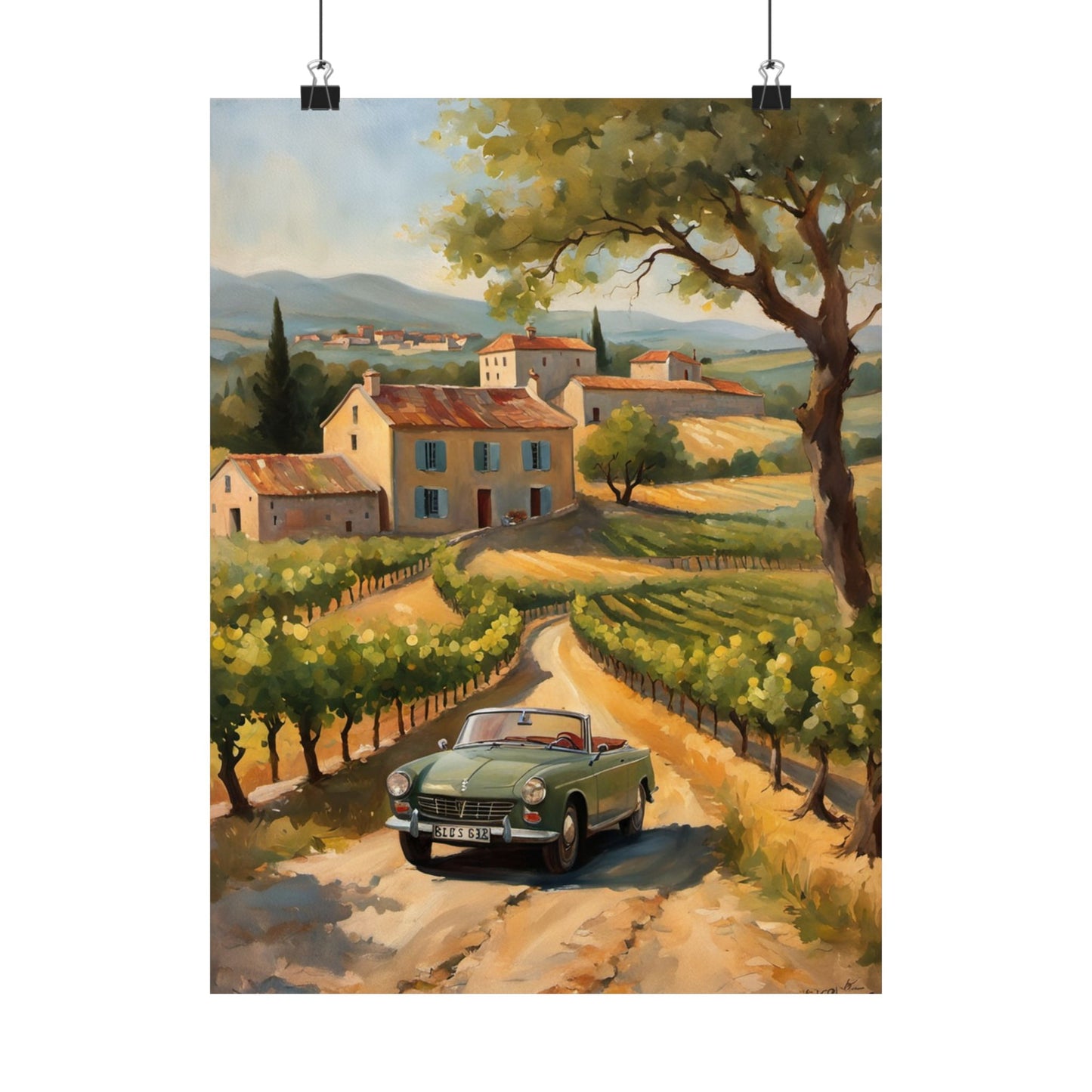 Vintage Car Landscape Poster featuring a green convertible driving through scenic vineyards