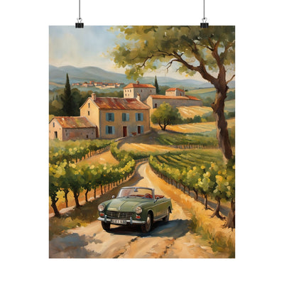 Vintage Car Landscape Poster featuring a classic car on a scenic vineyard road