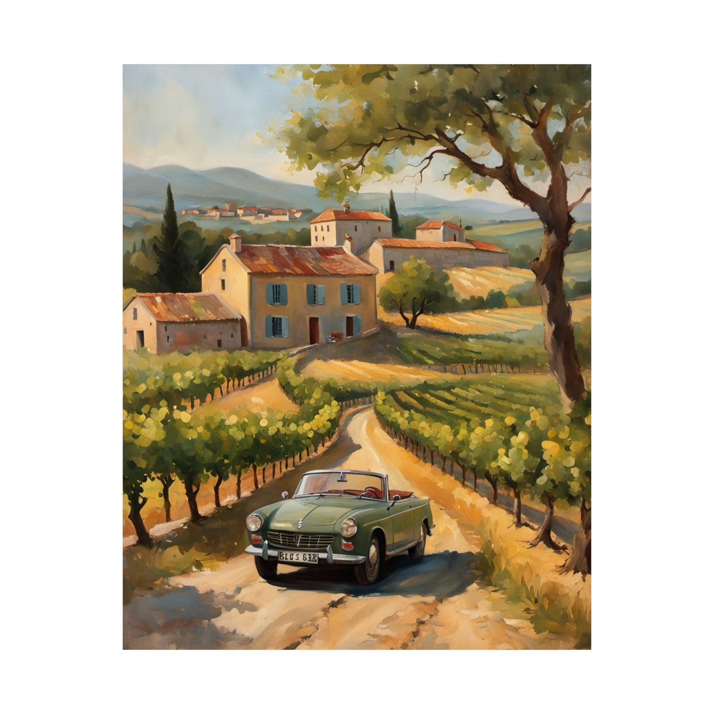 Vintage Car Landscape Poster featuring a classic car on a picturesque vineyard road