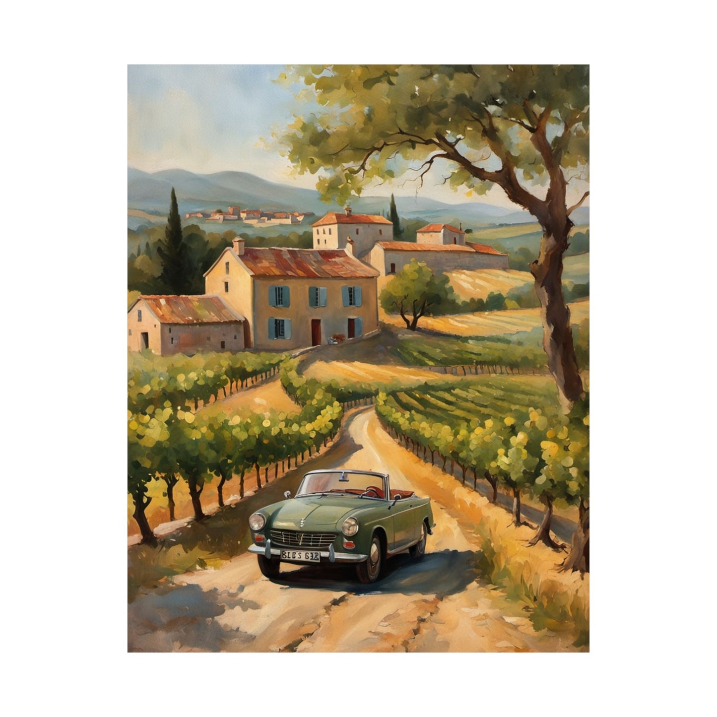 Vintage Car Landscape Poster featuring a classic convertible on a scenic vineyard road