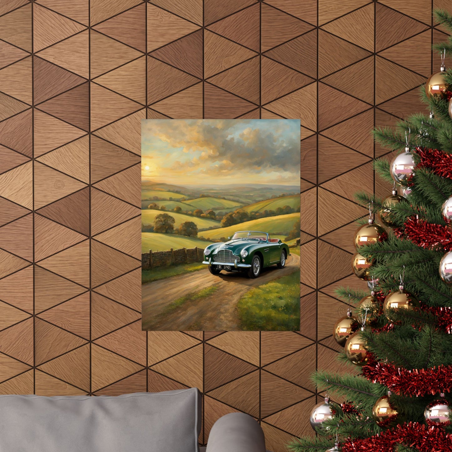 Vintage Car Landscape Poster featuring a classic car in a scenic countryside setting