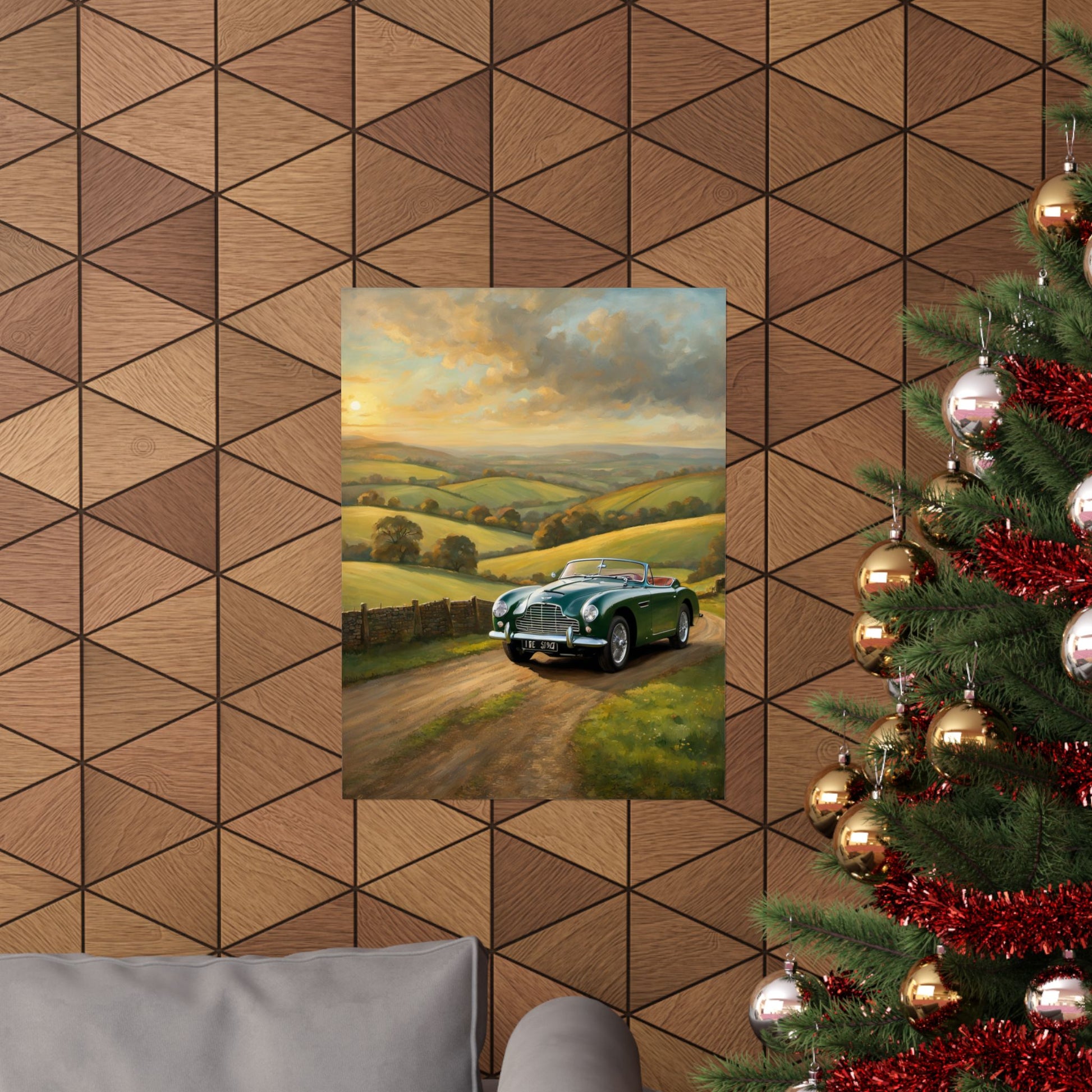 Vintage Car Landscape Poster featuring a classic car in a scenic countryside setting