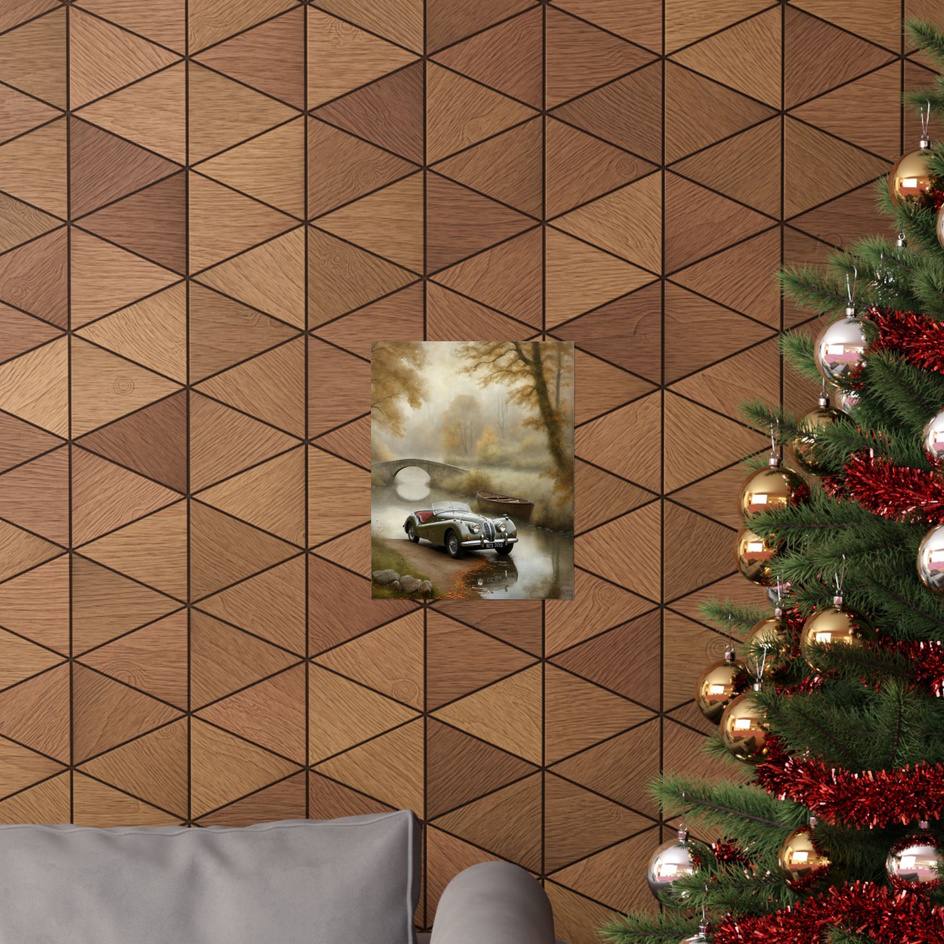 Vintage Car Landscape Poster displayed on a stylish wall in a cozy living room setting