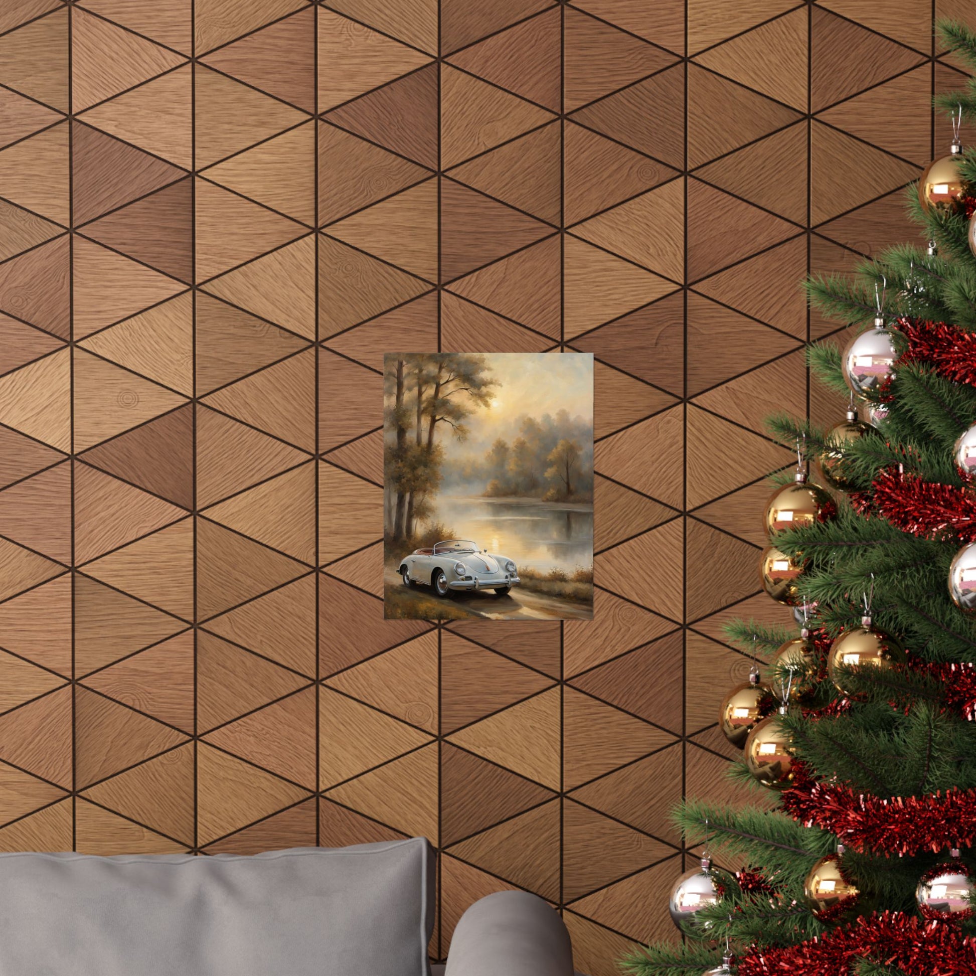 Vintage Car Landscape Poster depicting a classic car by a serene lake in a cozy living room setting