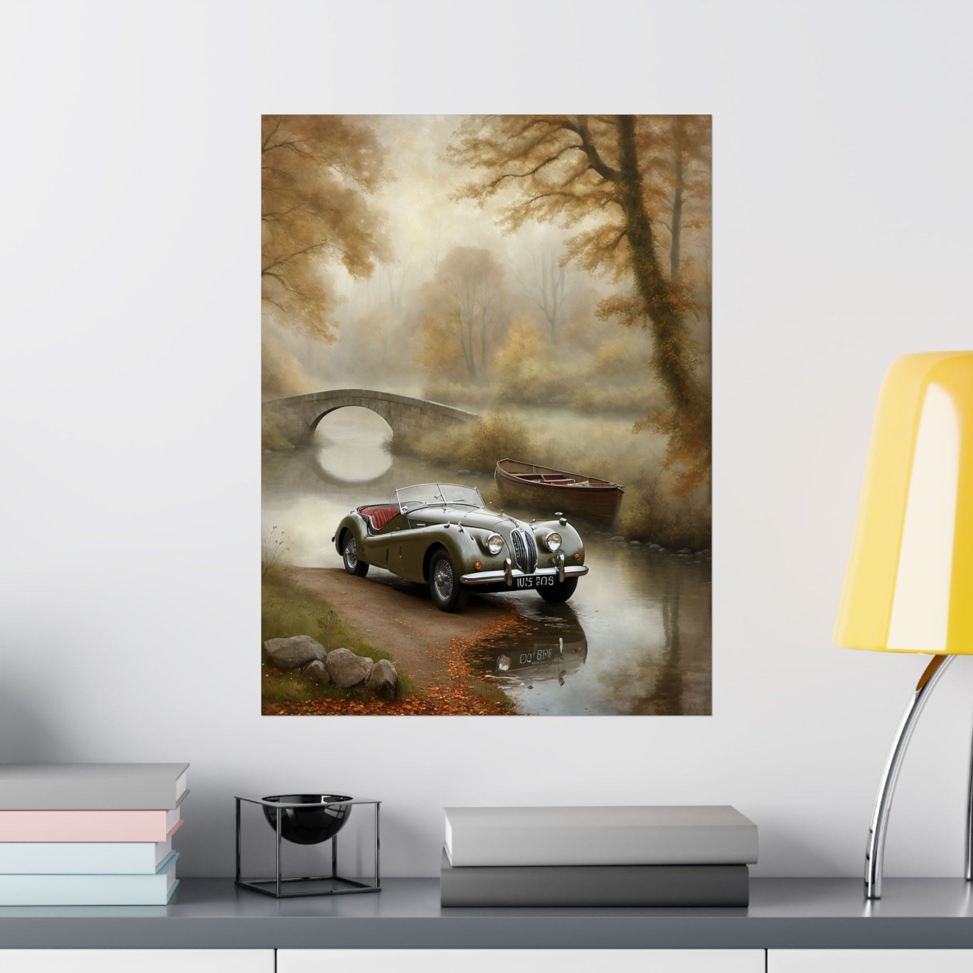 Vintage Car Landscape Poster featuring a classic car near a serene autumn scene with a bridge