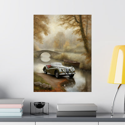 Vintage Car Landscape Poster featuring a classic car near a serene autumn scene with a bridge