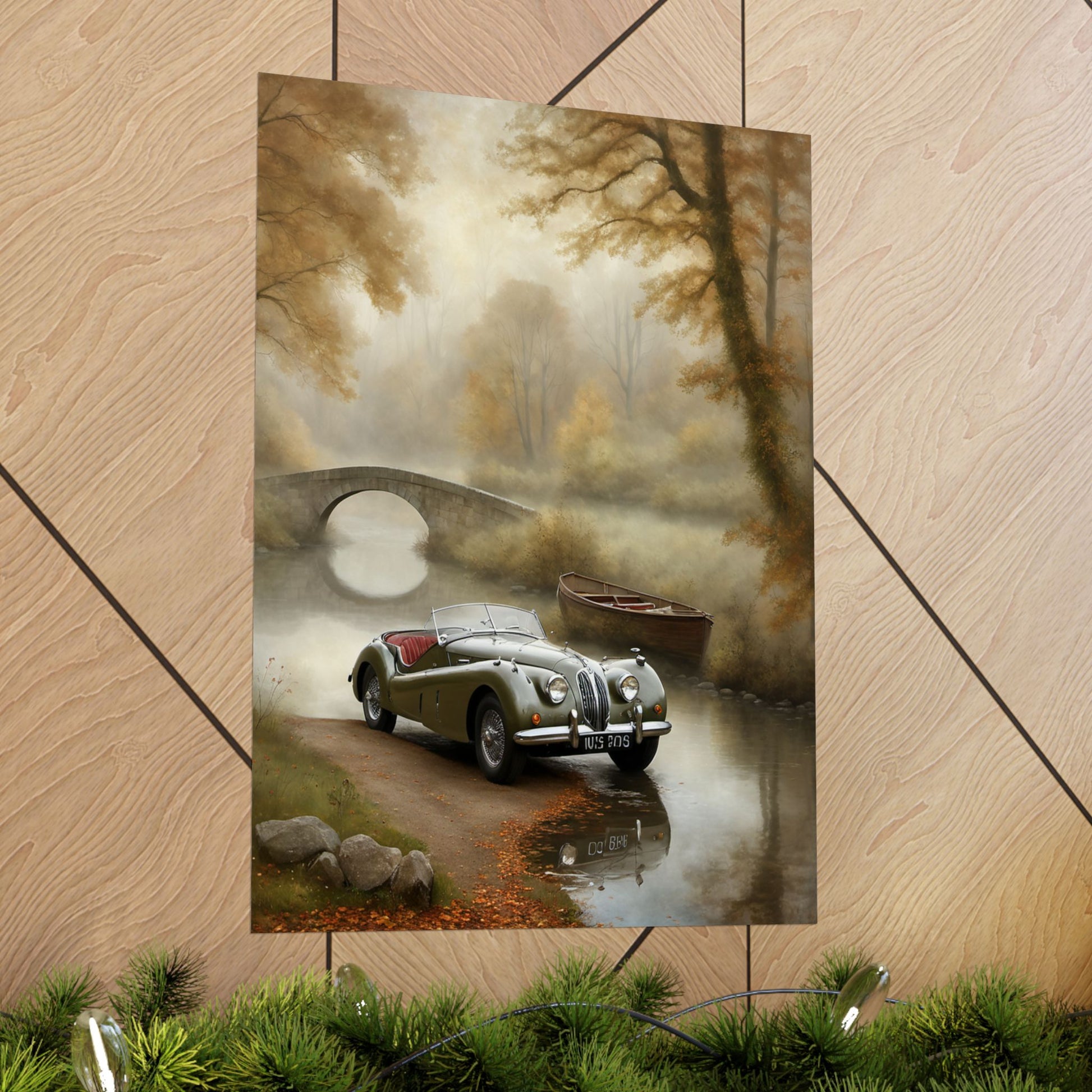 Vintage Car Landscape Poster featuring a classic car by a serene river with autumn foliage