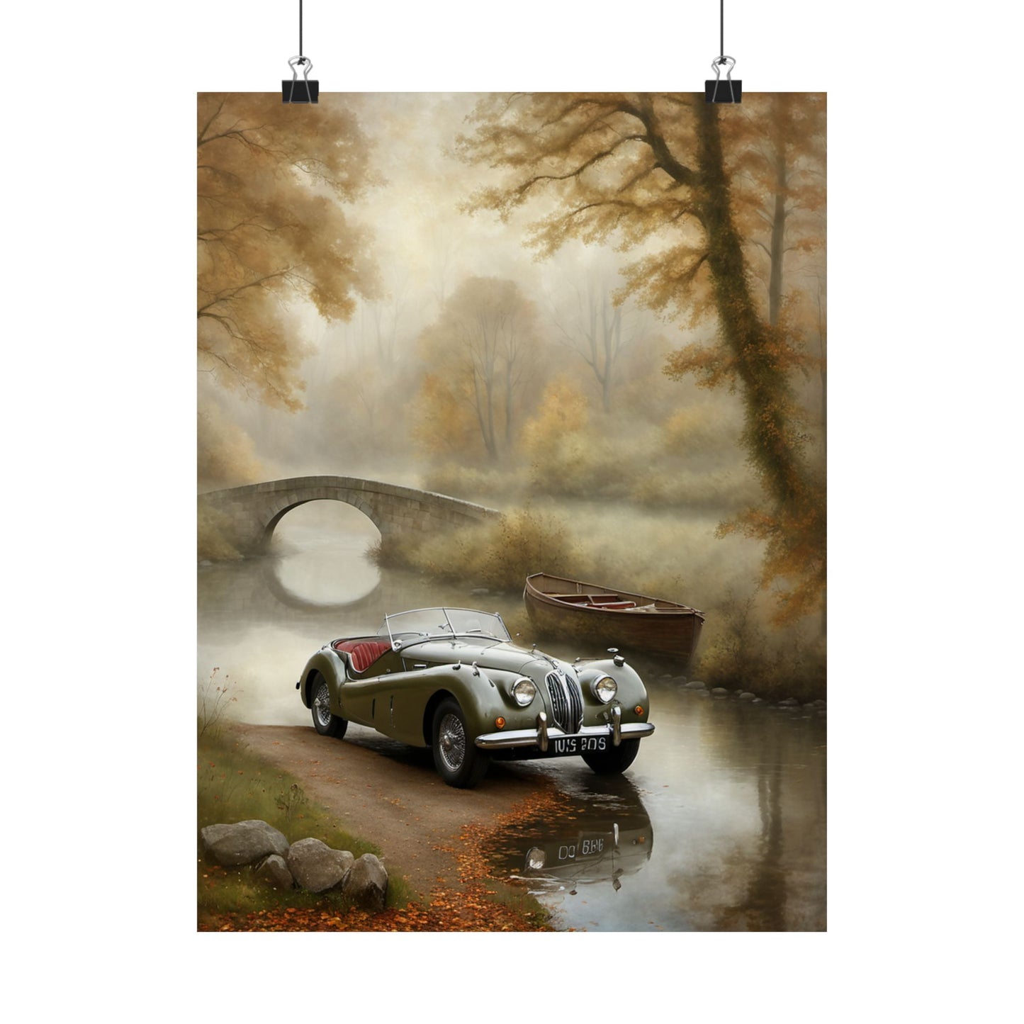 Vintage Car Landscape Poster featuring a classic car by a serene river and autumn trees