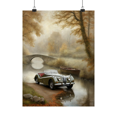 Vintage Car Landscape Poster featuring a classic car by a serene river and autumn trees