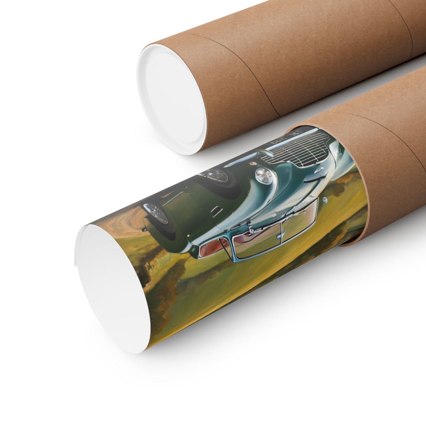 Vintage Car Landscape Poster rolled in a protective tube, showcasing classic car art