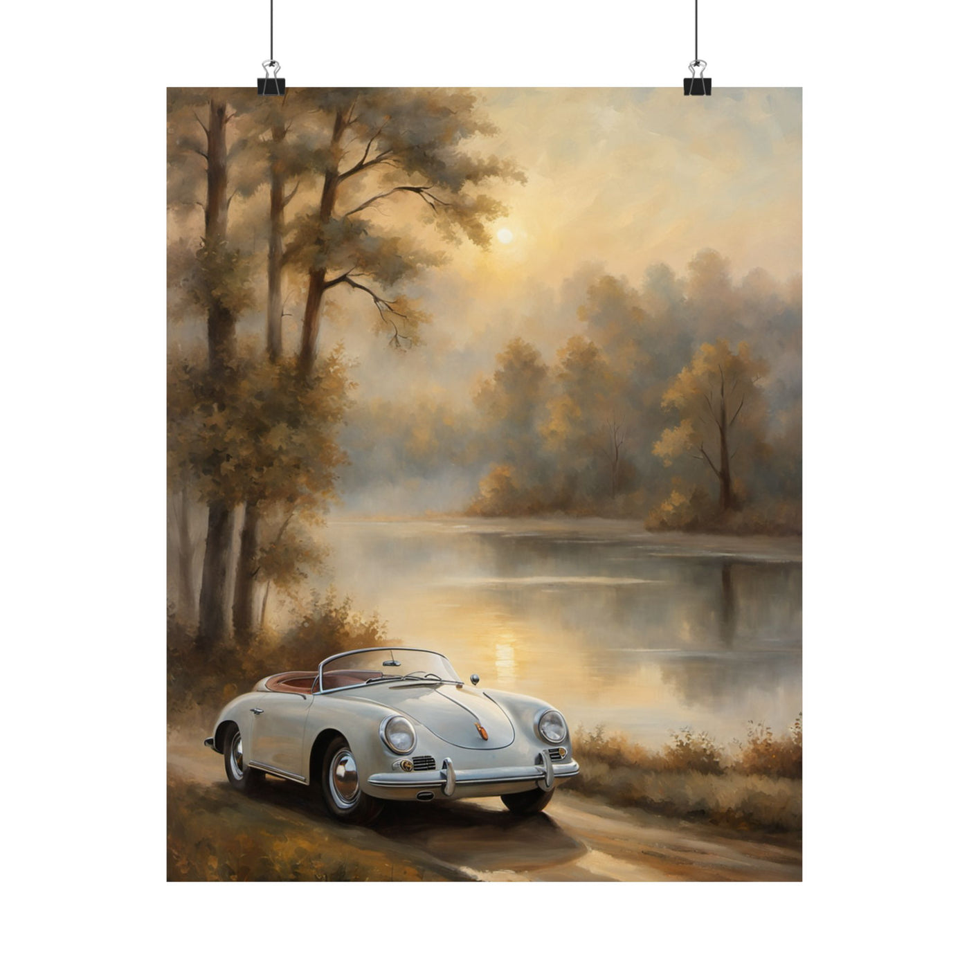 Vintage Car Landscape Poster featuring a classic car by a serene lake during sunset