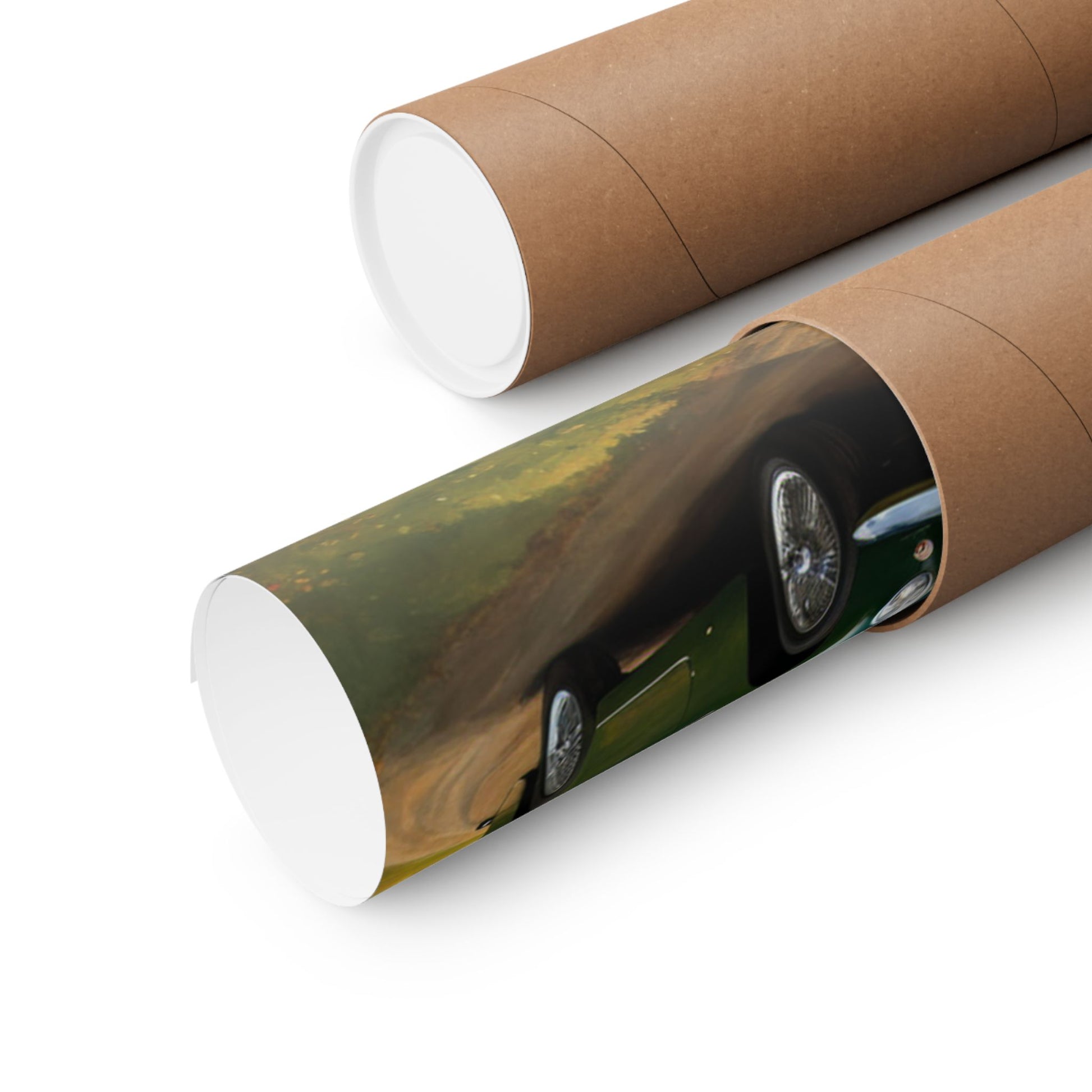Vintage Car Landscape Poster rolled in a protective tube for easy storage and transport