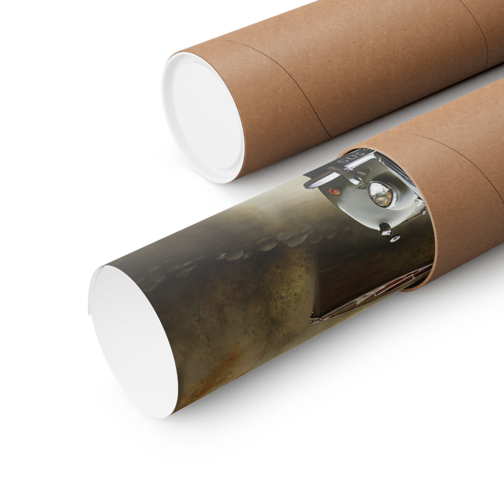 Vintage Car Landscape Poster rolled in a protective tube for safe storage and transport