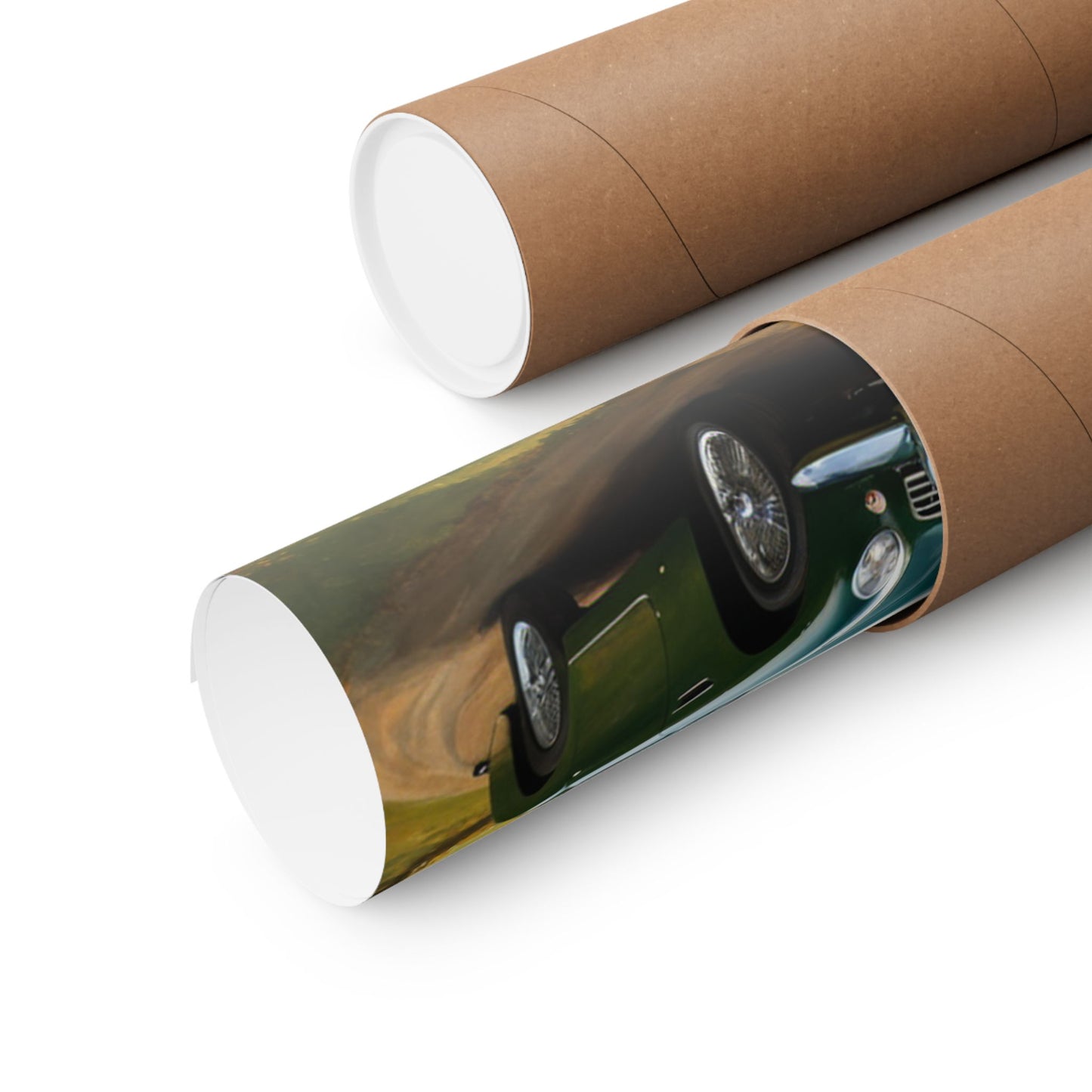 Vintage Car Landscape Poster rolled in a protective tube for easy storage and display