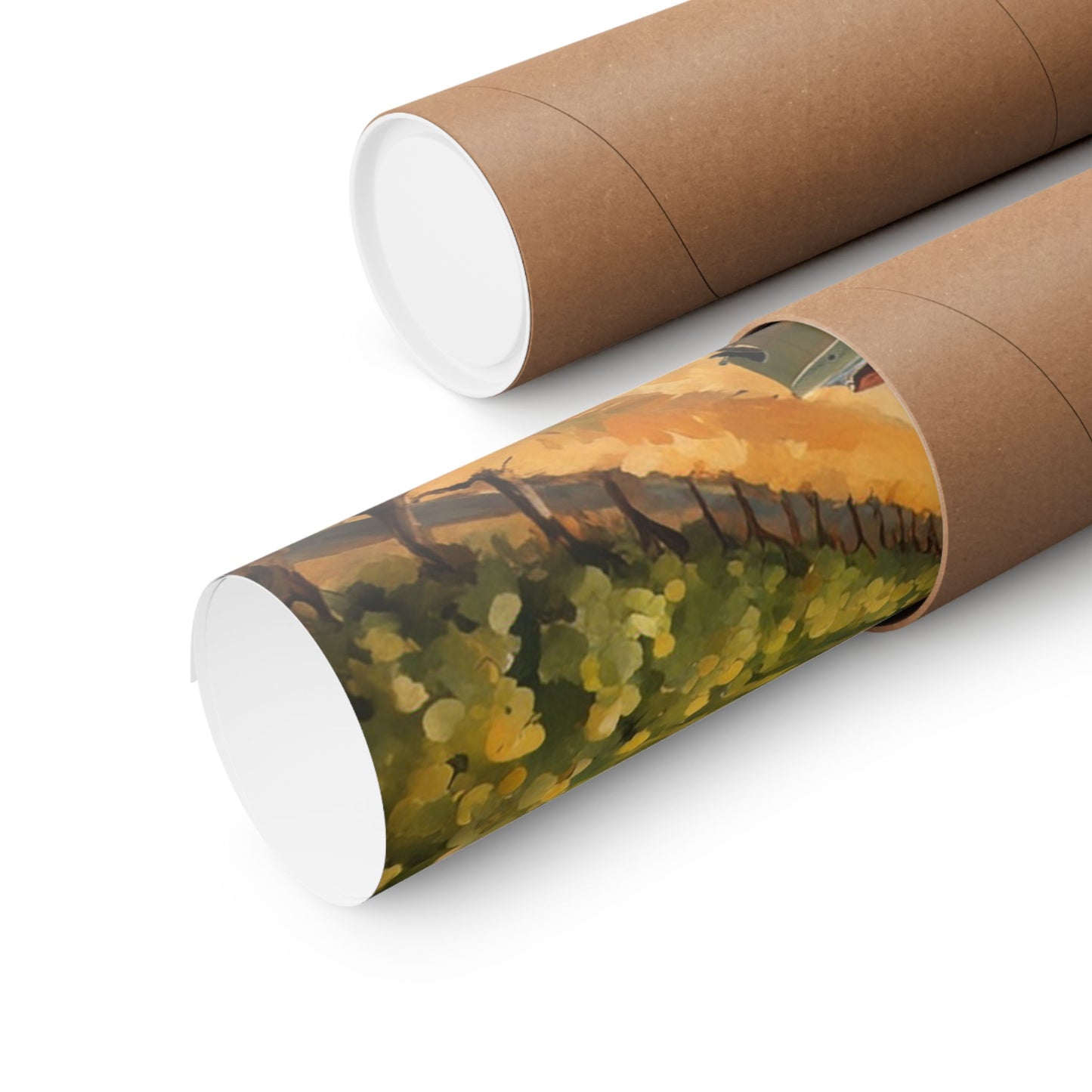 Vintage Car Landscape Poster rolled in a protective tube, showcasing vibrant colors and artistic design