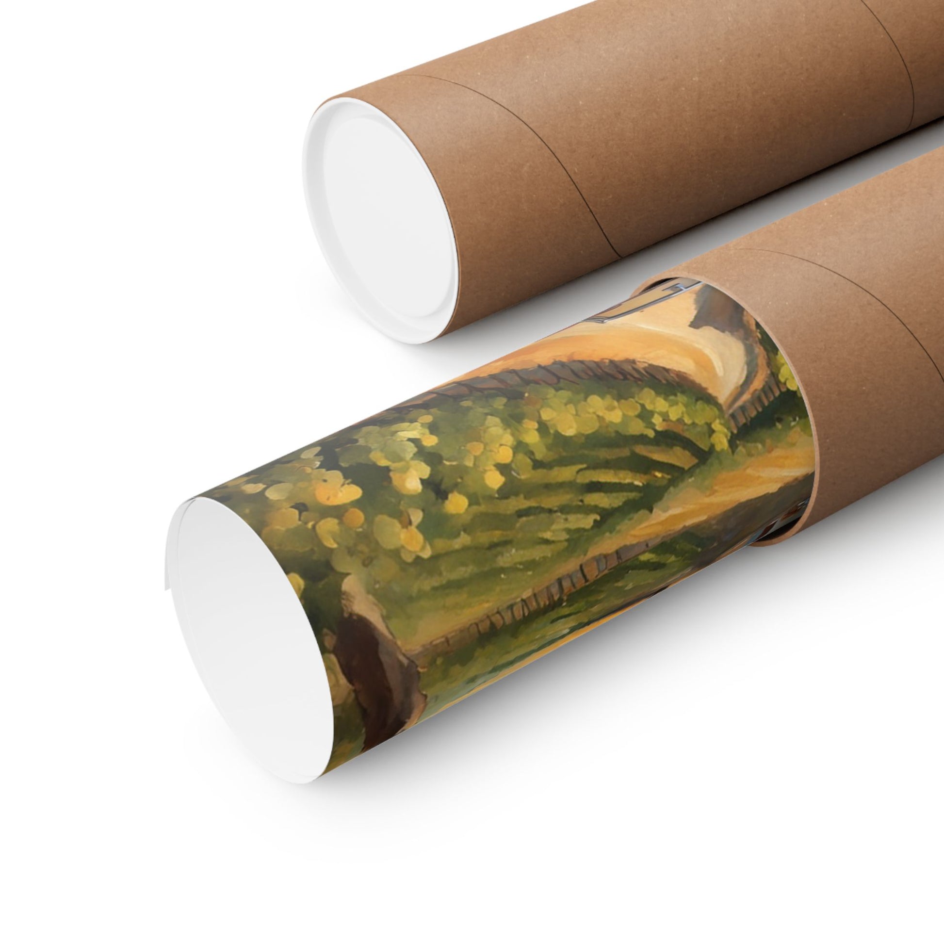 Vintage Car Landscape Poster rolled in a protective cardboard tube for safe shipment