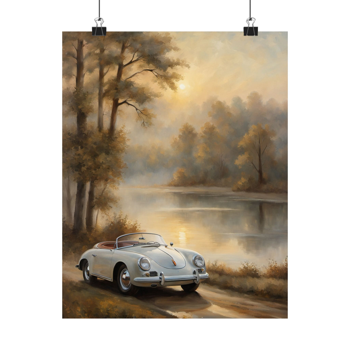 Vintage Car Landscape Poster featuring a classic car next to a serene lake at sunrise