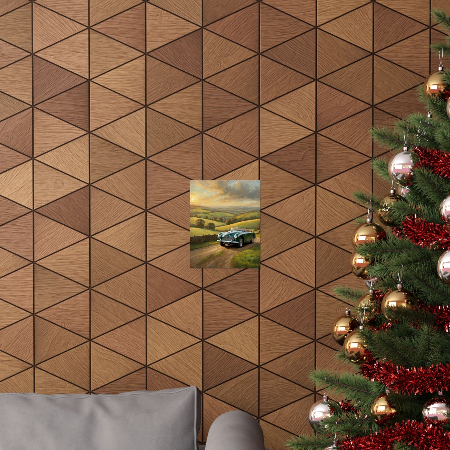 Vintage Car Landscape Poster displayed on a geometric patterned wall with a Christmas tree in the foreground