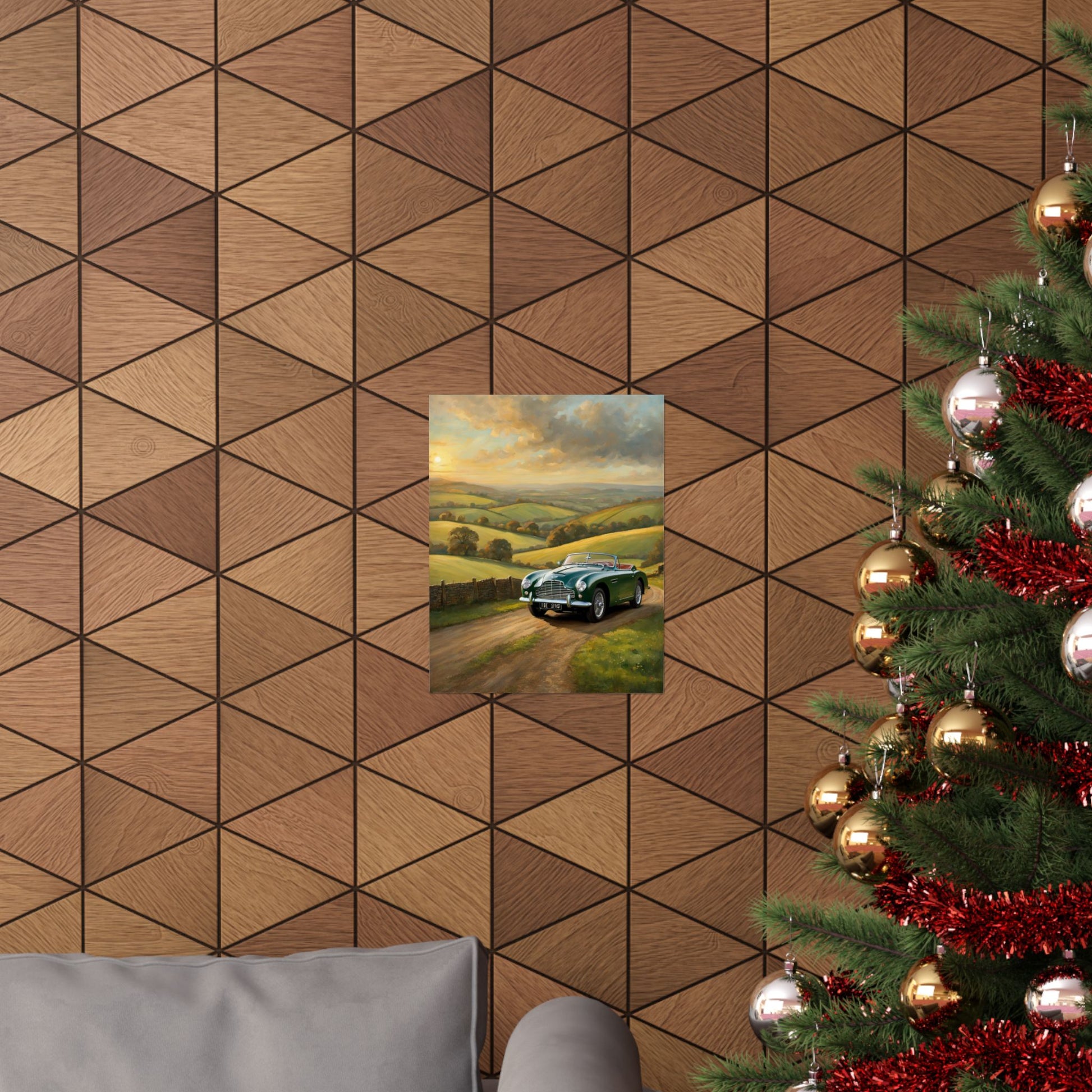 Vintage Car Landscape Poster displayed on a textured wooden wall next to a Christmas tree