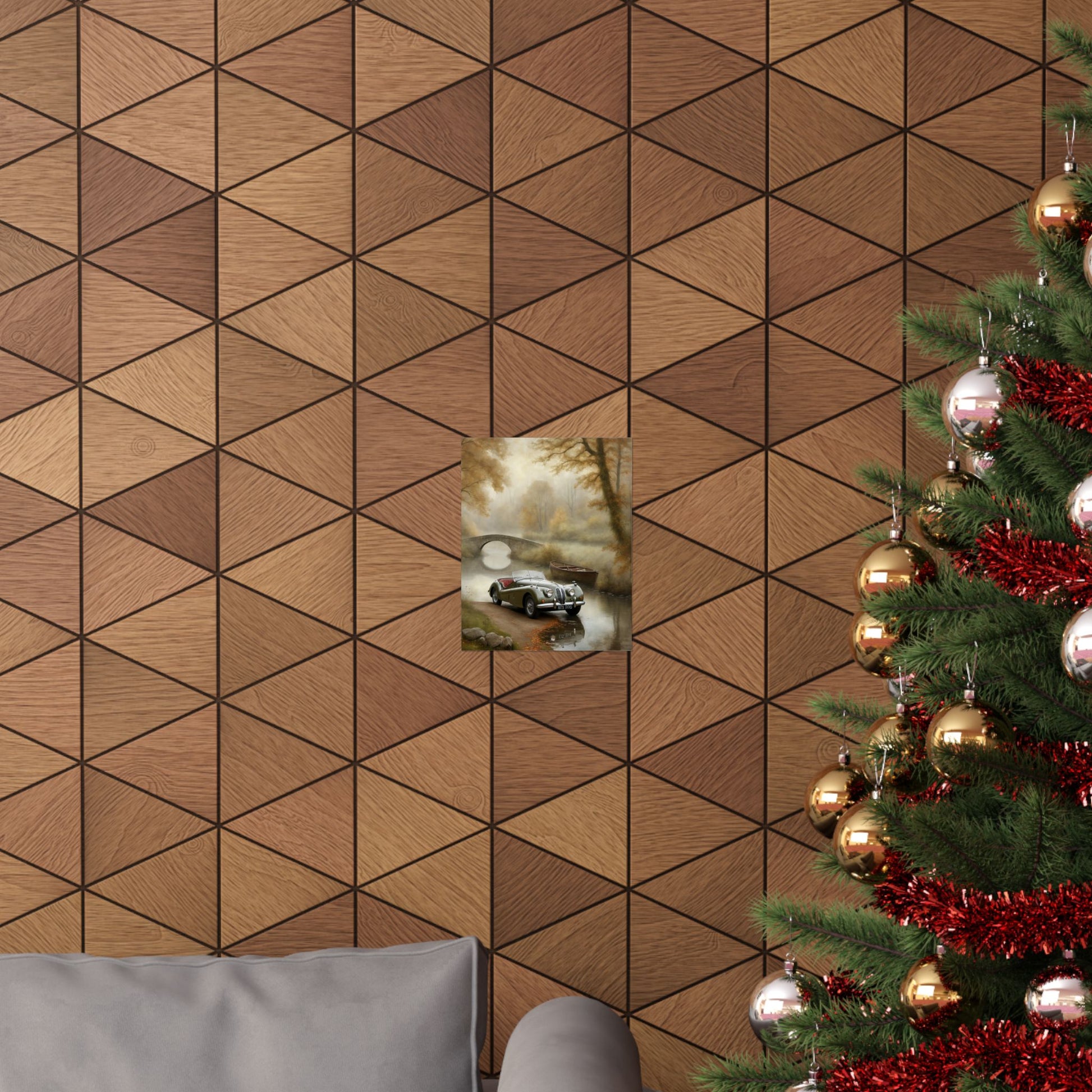 Vintage Car Landscape Poster displayed on a geometric wood panel wall near a Christmas tree
