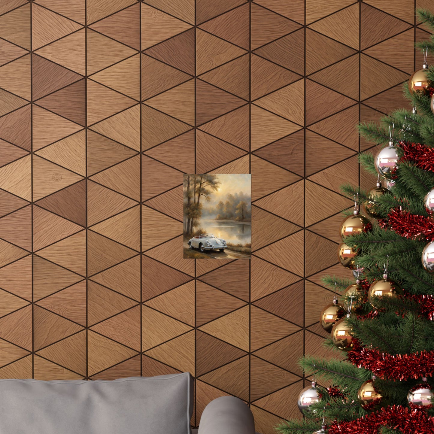 Vintage Car Landscape Poster displayed on a textured wall with a Christmas tree and modern sofa
