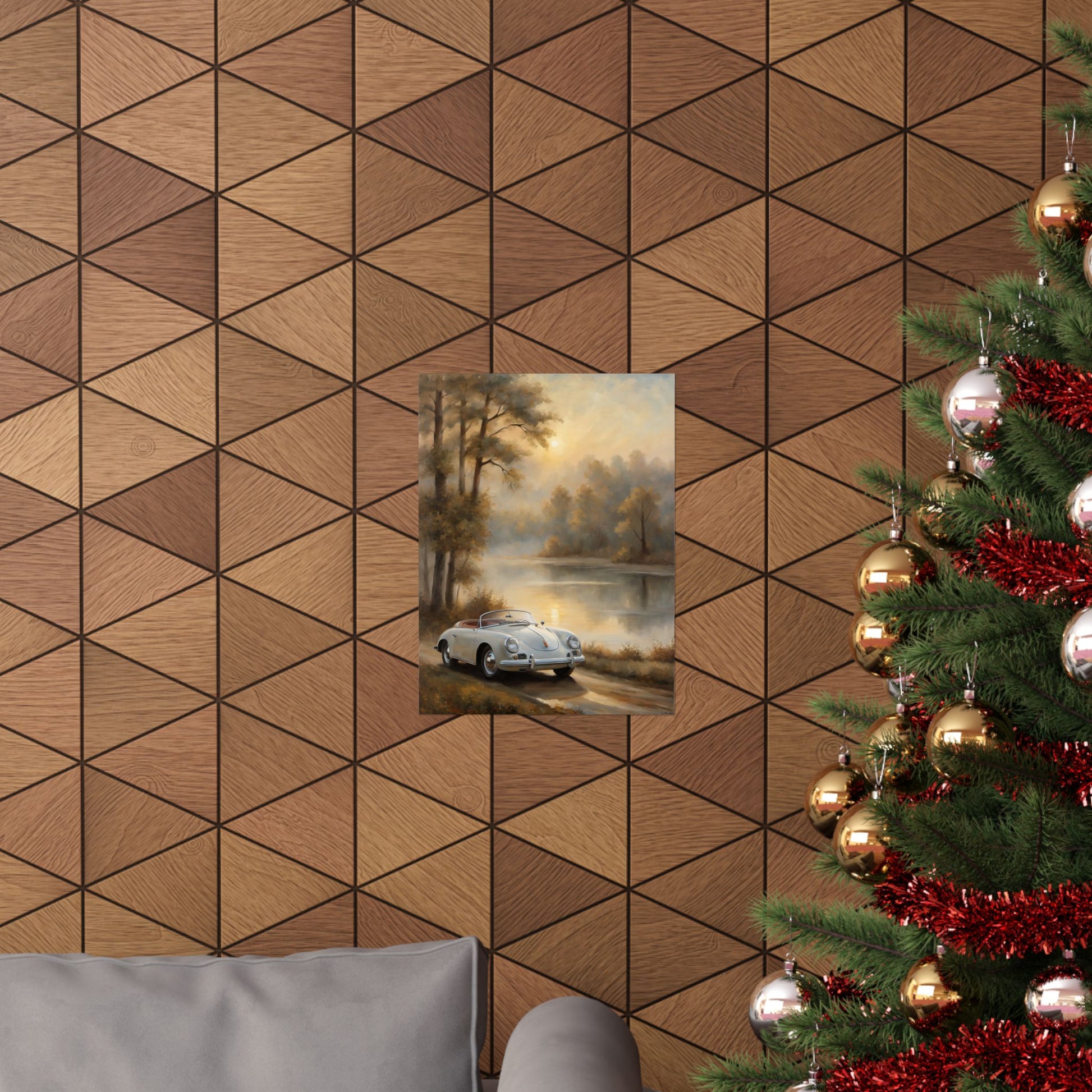 Vintage Car Landscape Poster featuring a classic car near a serene lake in a warm-toned room