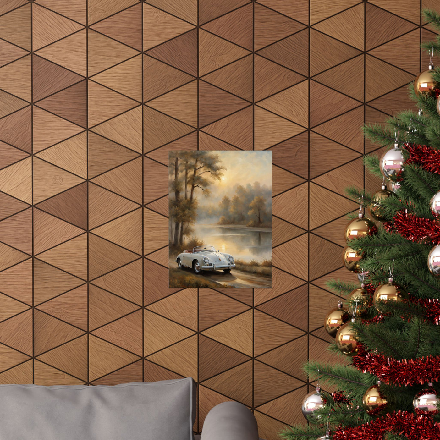 Vintage Car Landscape Poster featuring a classic car near a serene lake in a warm-toned room
