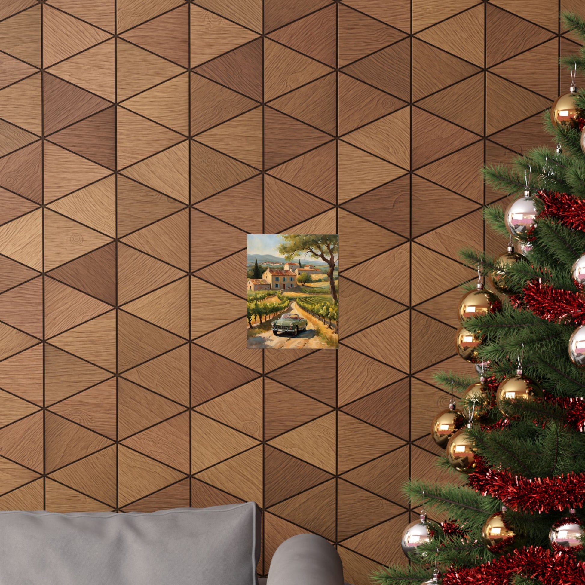 Vintage Car Landscape Poster displayed on a textured wall with a Christmas tree in a cozy setting