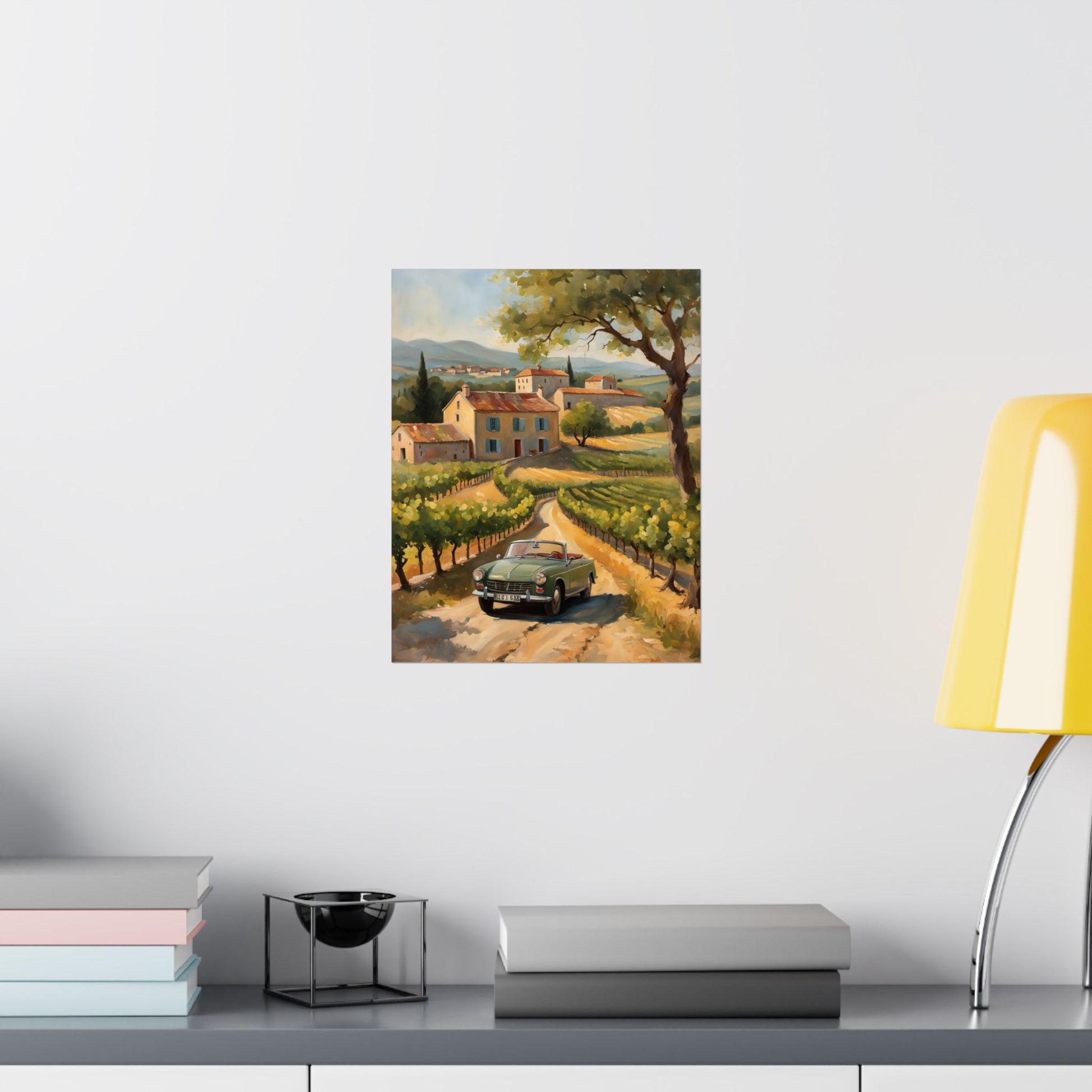 Vintage Car Landscape Poster featuring a classic car amidst a scenic vineyard backdrop