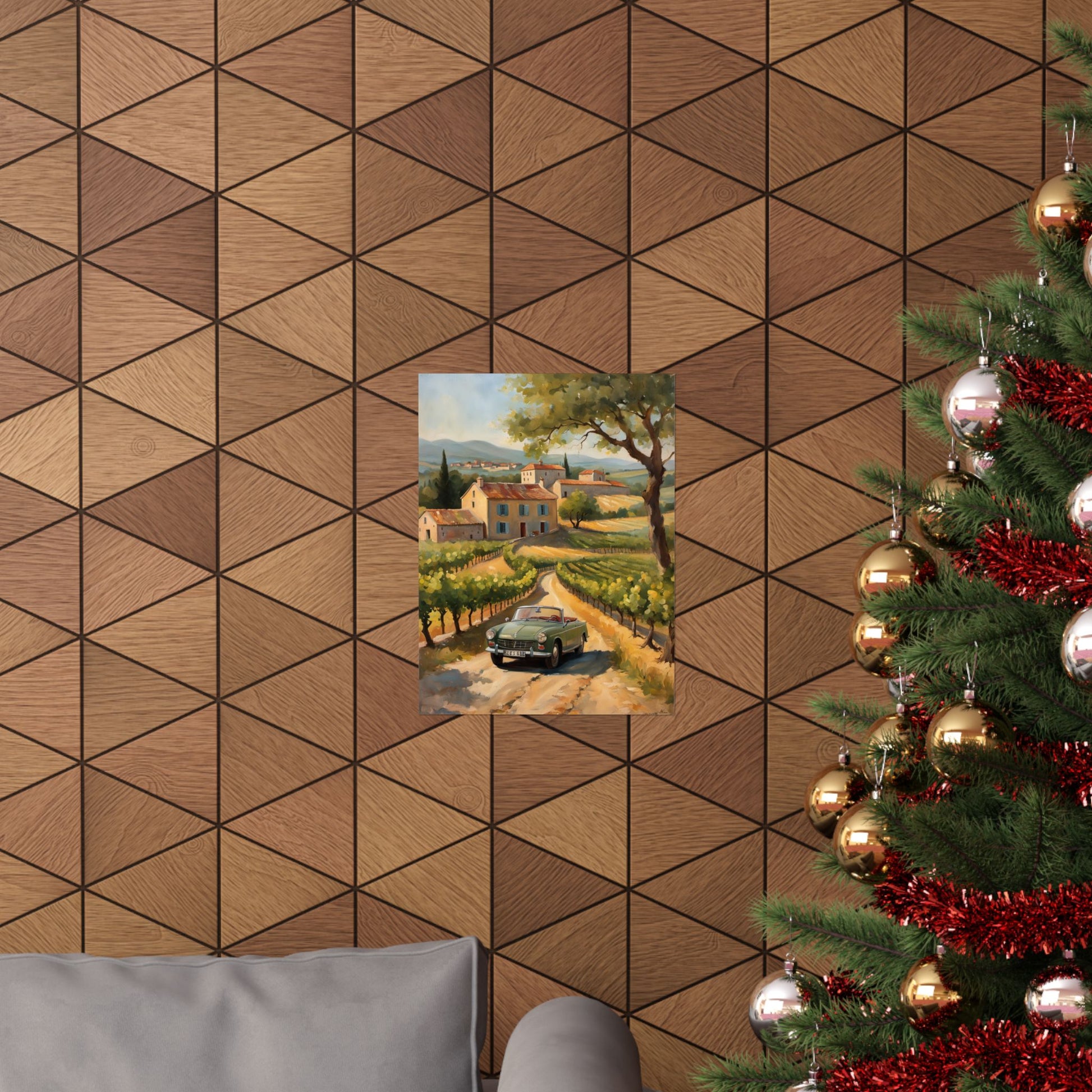 Vintage Car Landscape Poster displayed on a geometric patterned wall above a cozy sofa setting