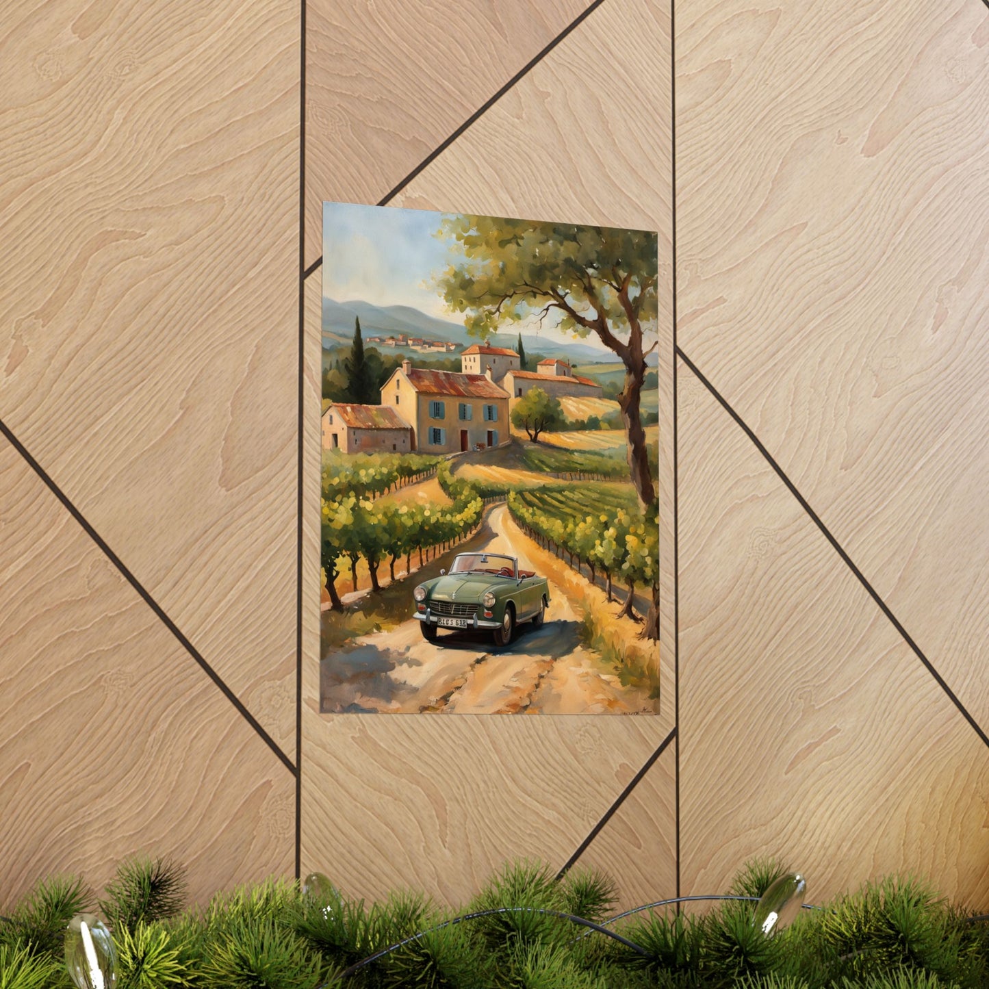 Vintage Car Landscape Poster featuring a classic car in a scenic vineyard setting