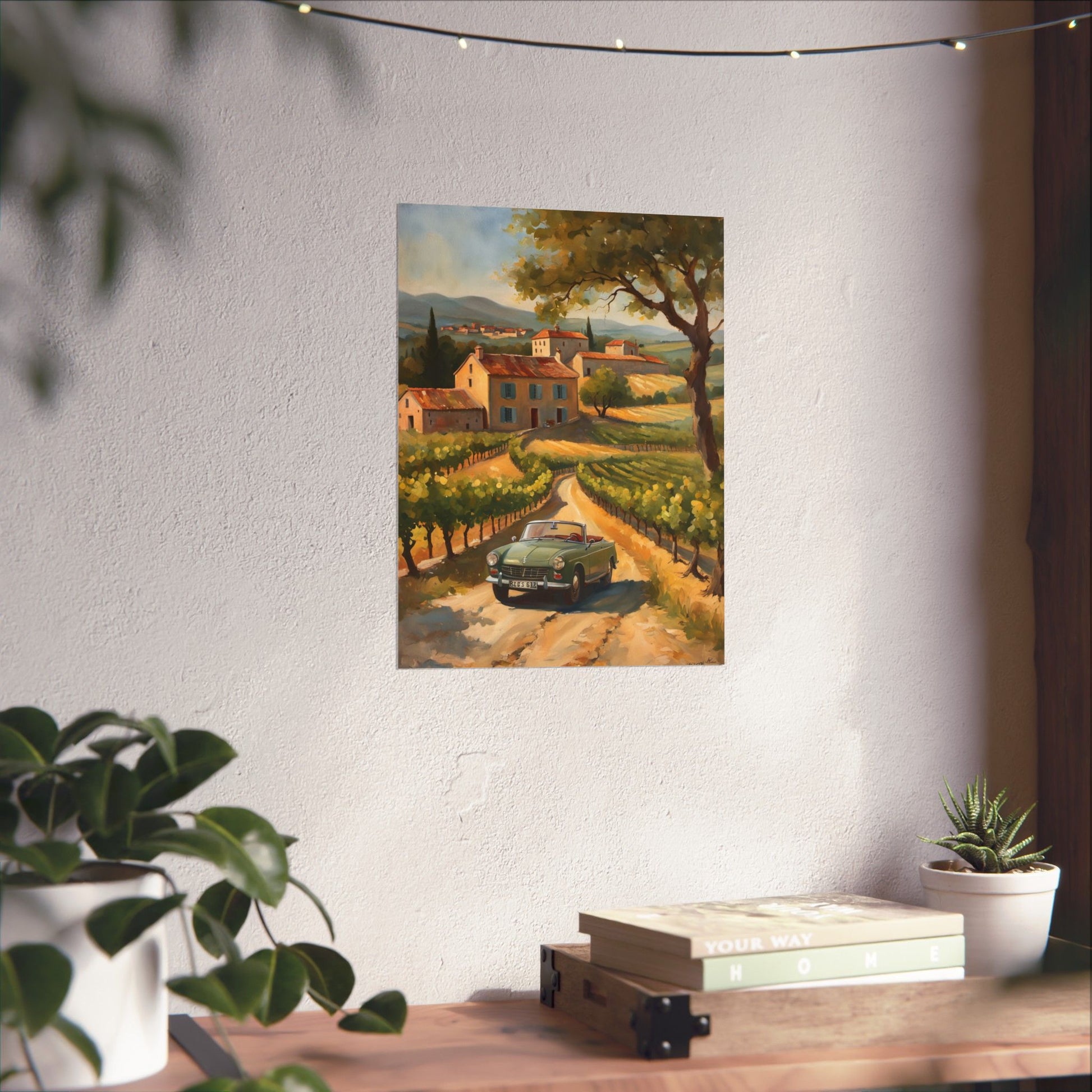 Vintage Car Landscape Poster featuring a classic car driving through a vineyard with scenic hills