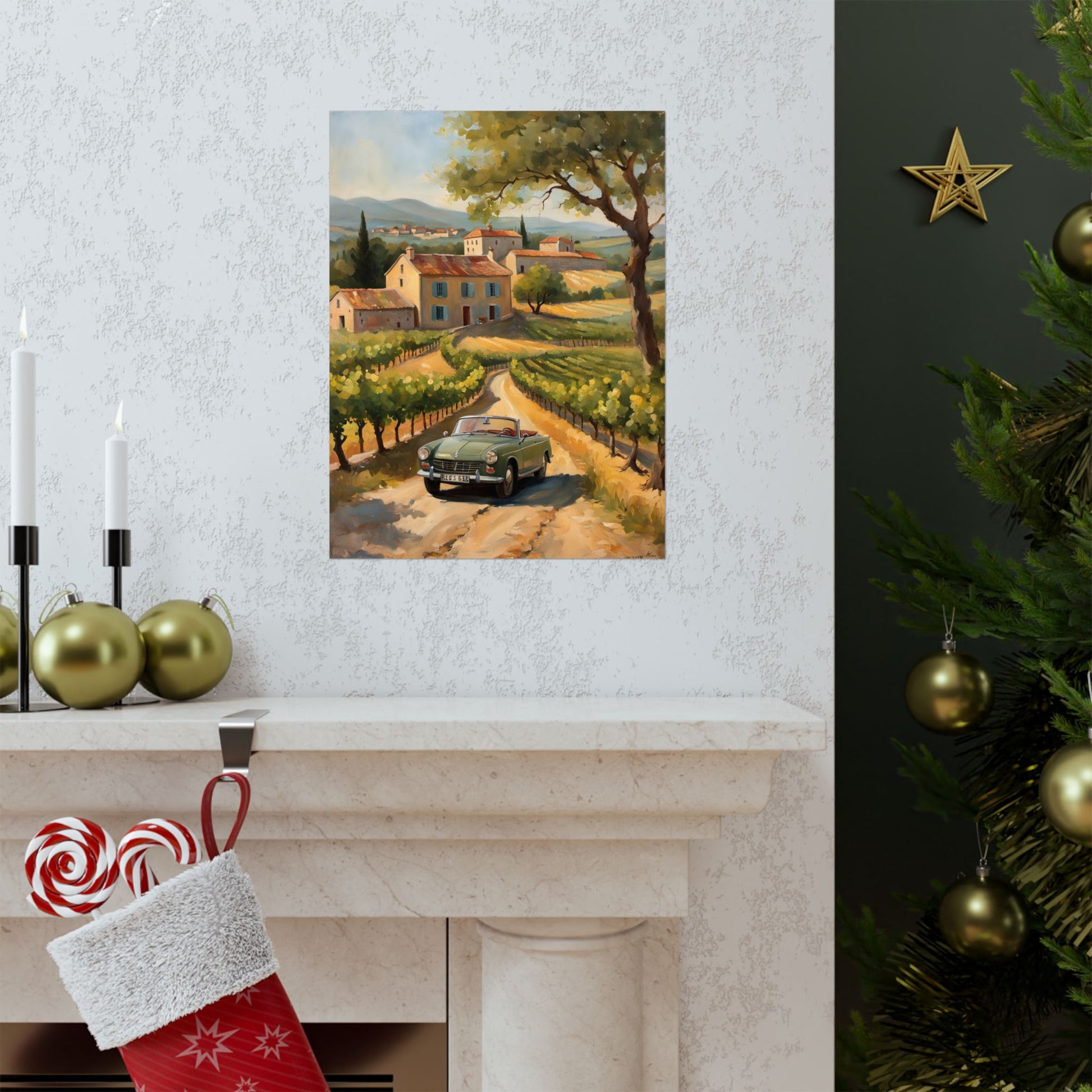 Vintage Car Landscape Poster featuring a classic car amidst a picturesque vineyard scene