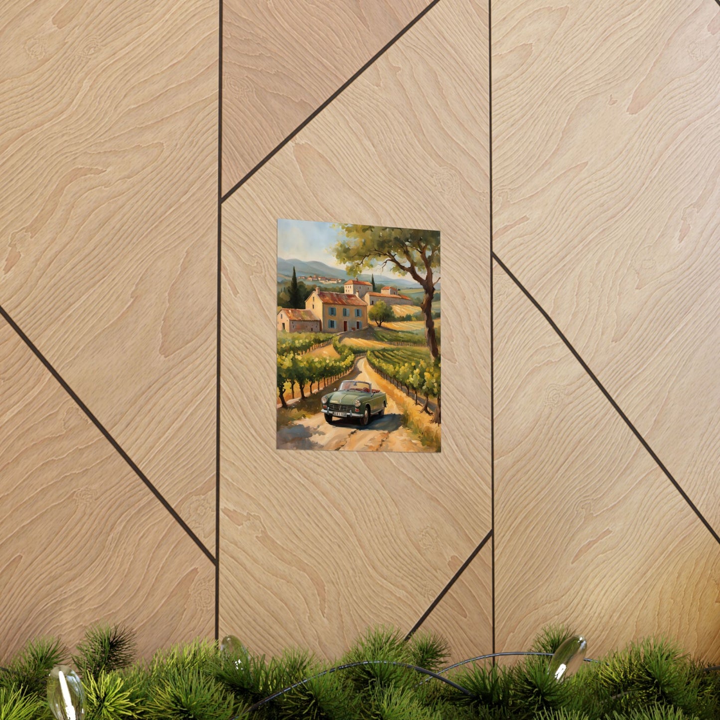 Vintage Car Landscape Poster featuring a car driving through vineyard scenery