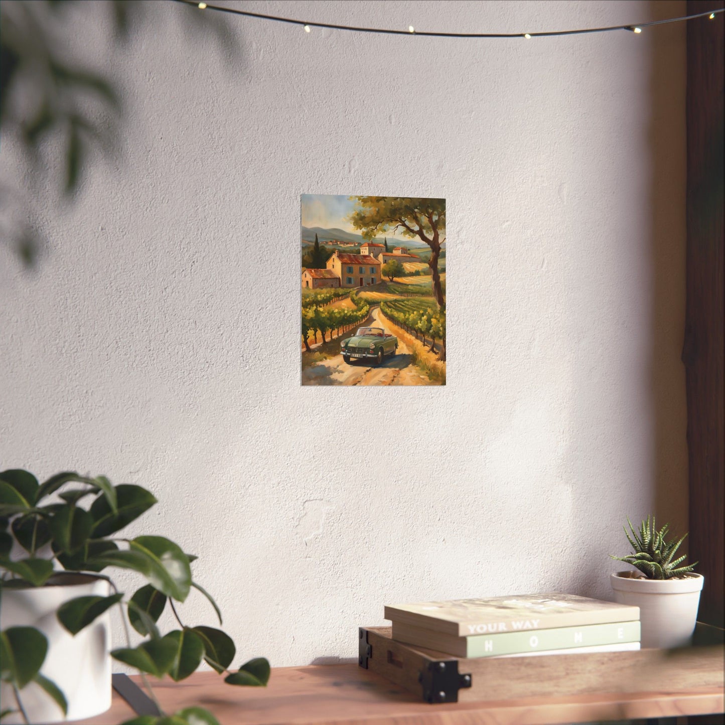 Vintage Car Landscape Poster featuring a scenic vineyard with a classic car on a country road