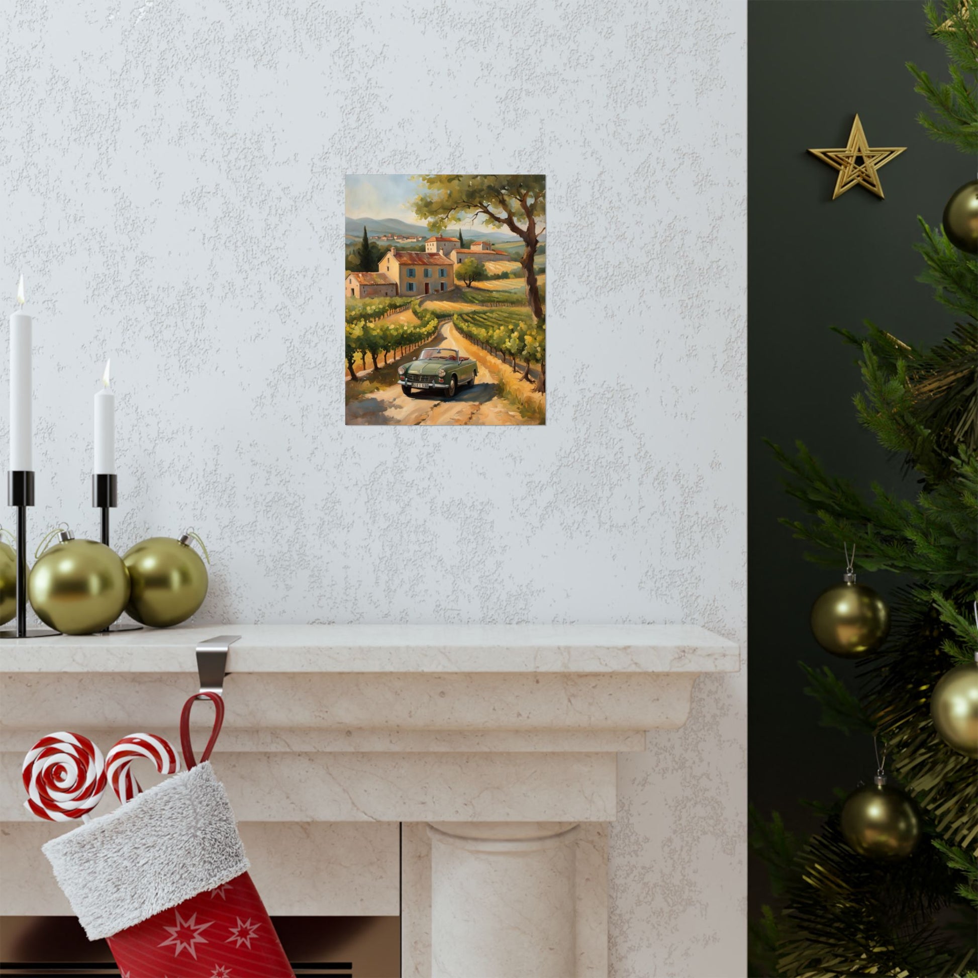 Vintage Car Landscape Poster displayed above a fireplace with decorative elements and a Christmas tree