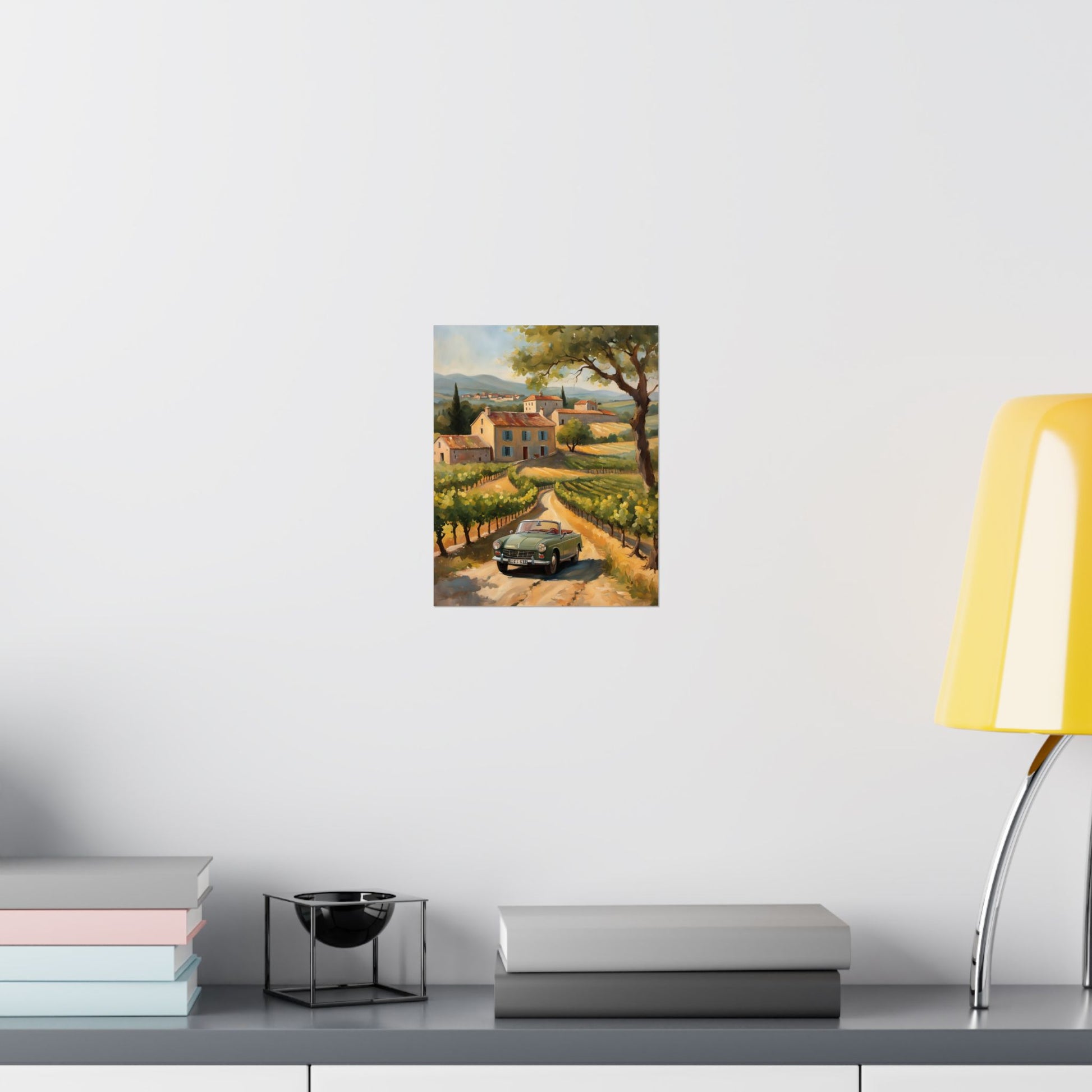 Vintage Car Landscape Poster featuring a scenic vineyard road with a classic car
