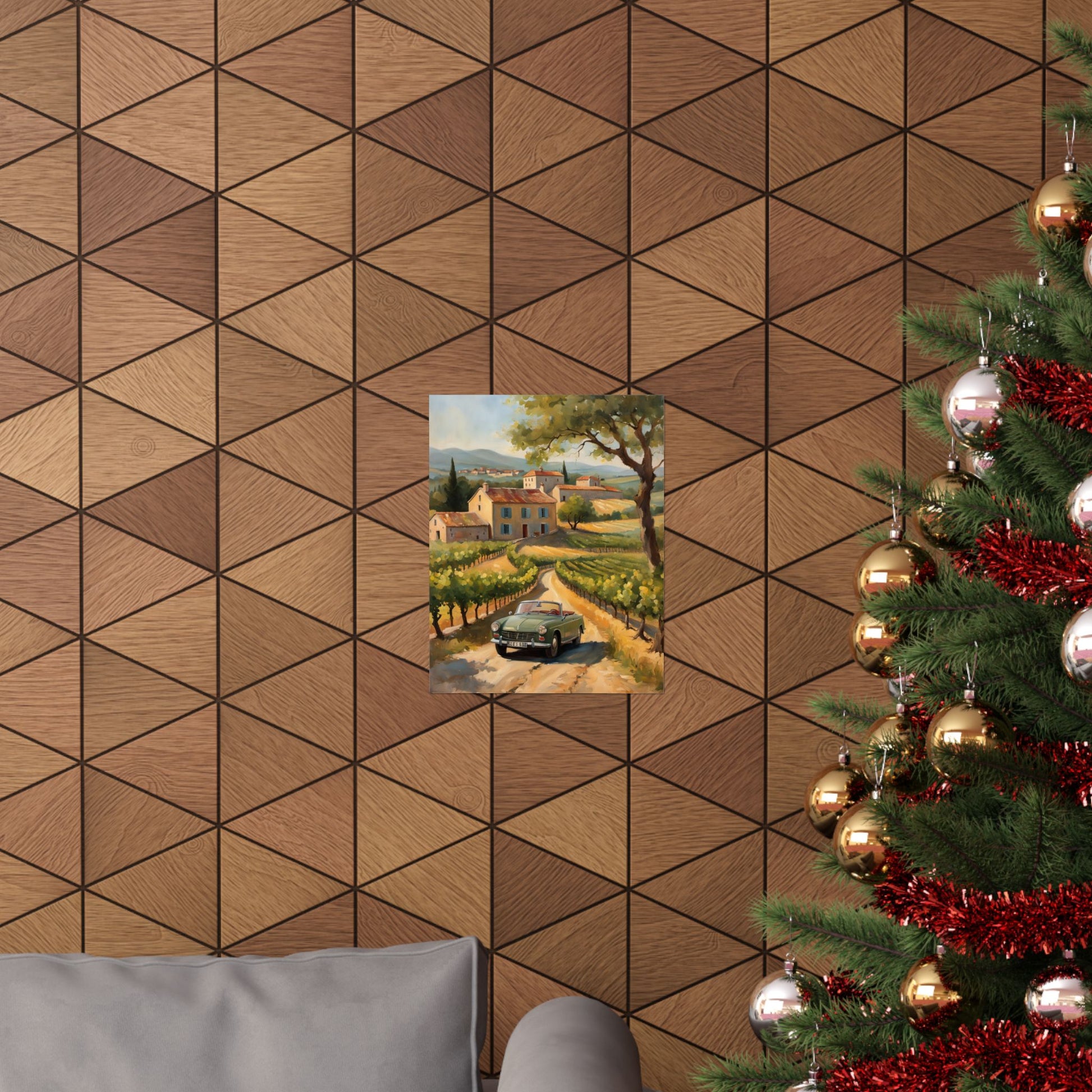 Vintage Car Landscape Poster displayed on a stylish geometric wall in a festive living room
