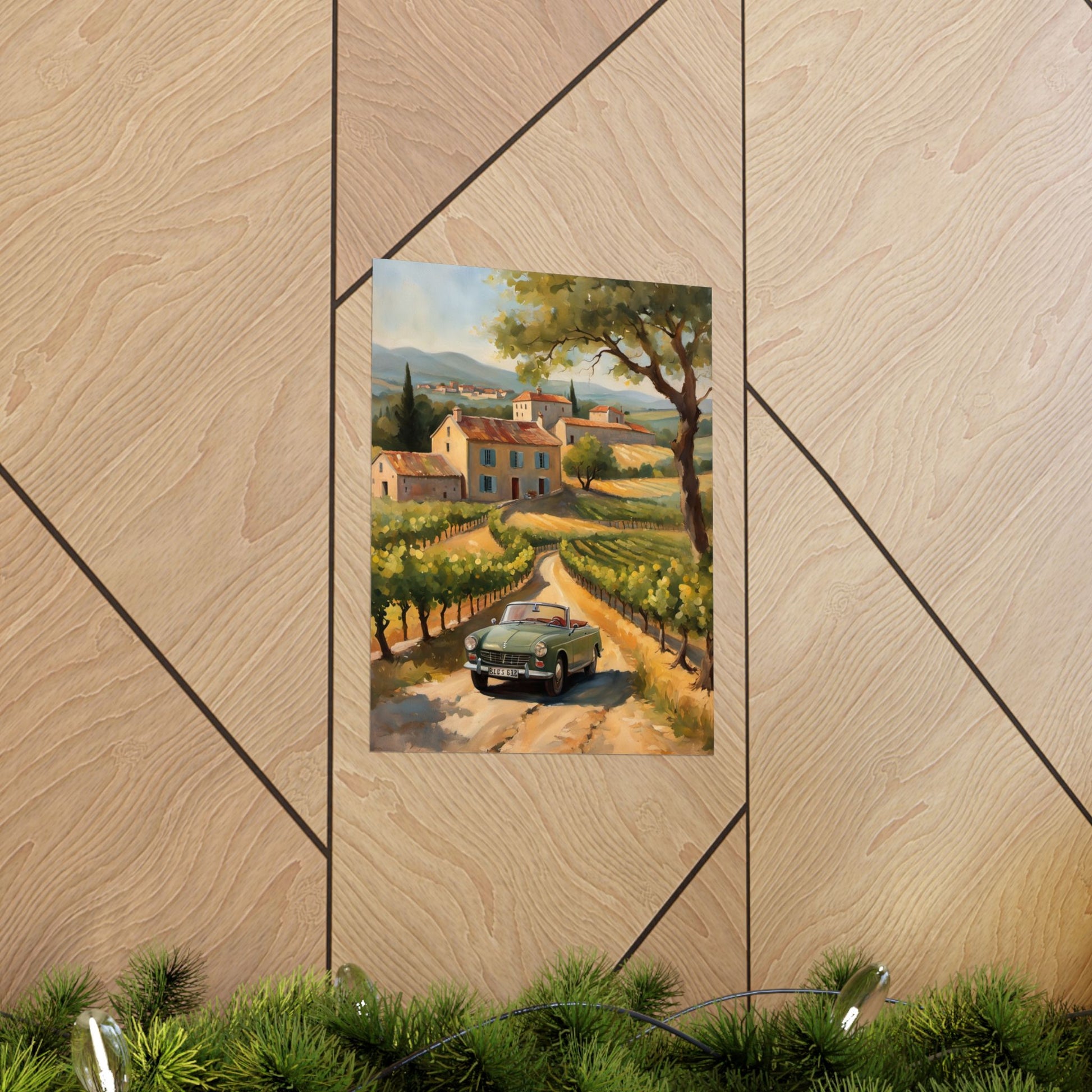 Vintage Car Landscape Poster depicting a classic car in a scenic vineyard setting